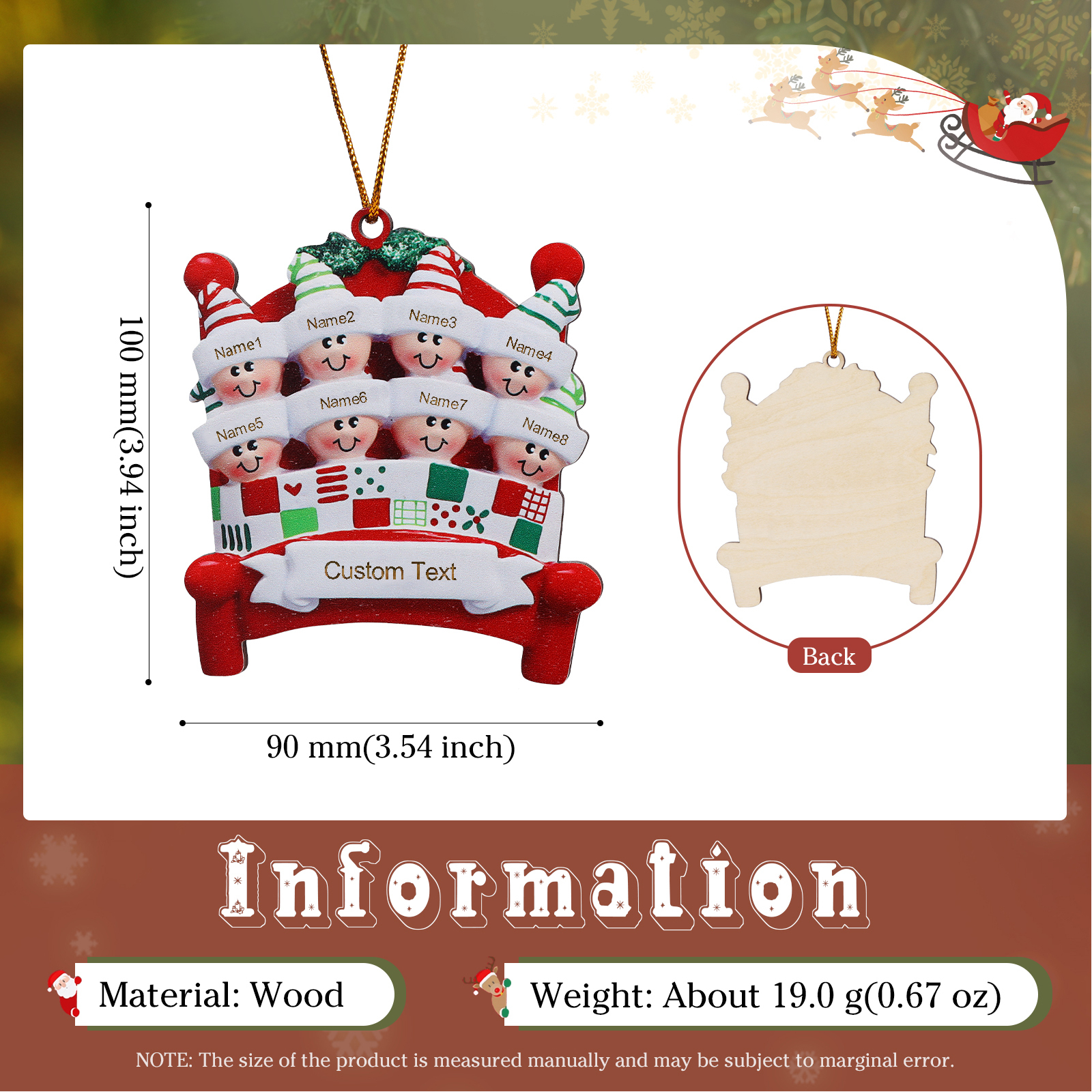 Holz Personalisierte 2-8 Namen & Text Weihnachtsanhänger Familien auf einem Bett mit Weihnachtsmützen Weihnachtsornament