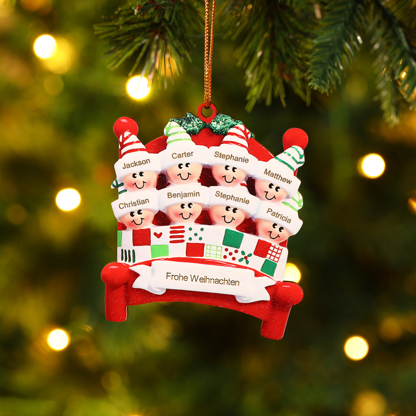Holz Personalisierte 2-8 Namen & Text Weihnachtsanhänger Familien auf einem Bett mit Weihnachtsmützen Weihnachtsornament