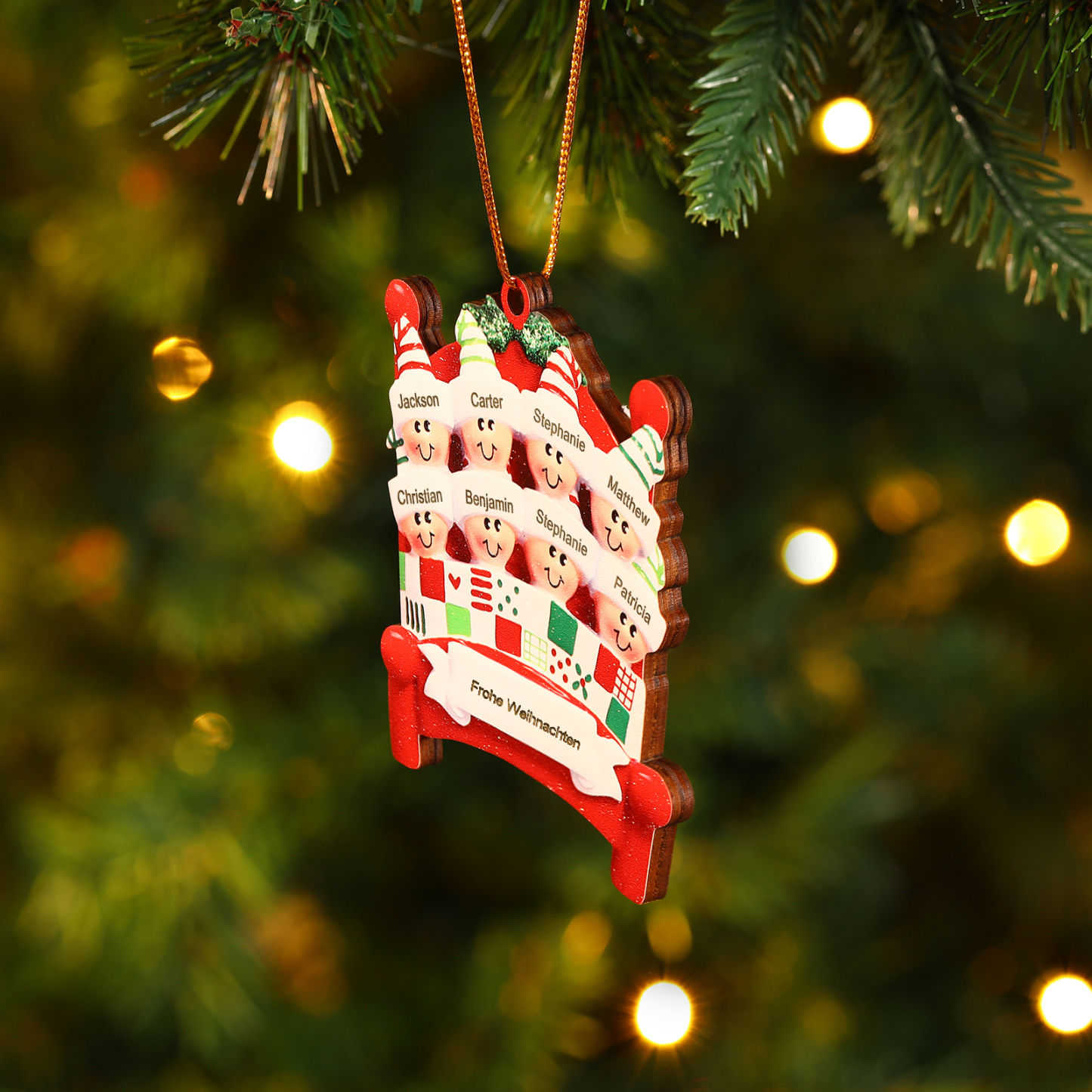 Holz Personalisierte 2-8 Namen & Text Weihnachtsanhänger Familien auf einem Bett mit Weihnachtsmützen Weihnachtsornament