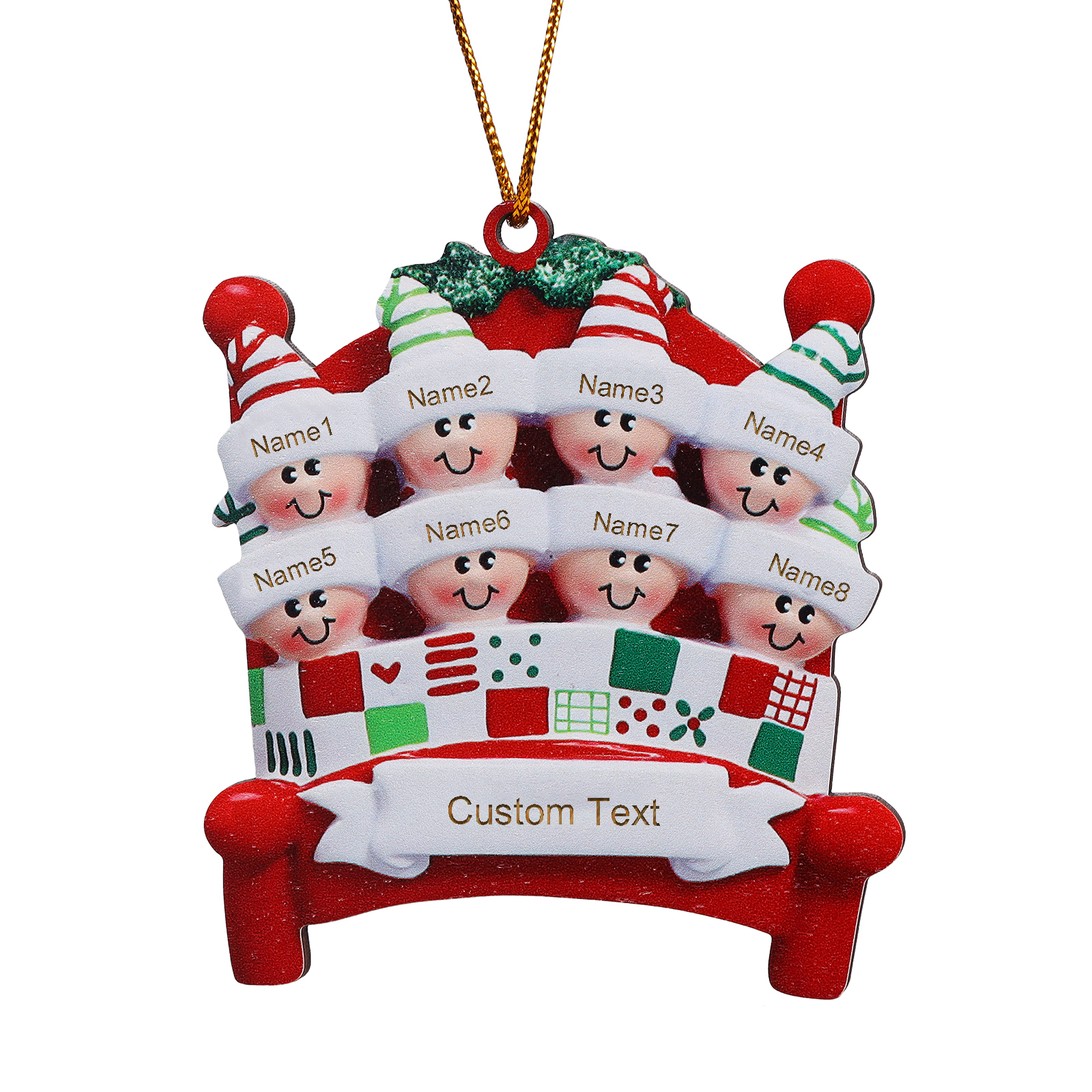 Holz Personalisierte 2-8 Namen & Text Weihnachtsanhänger Familien auf einem Bett mit Weihnachtsmützen Weihnachtsornament