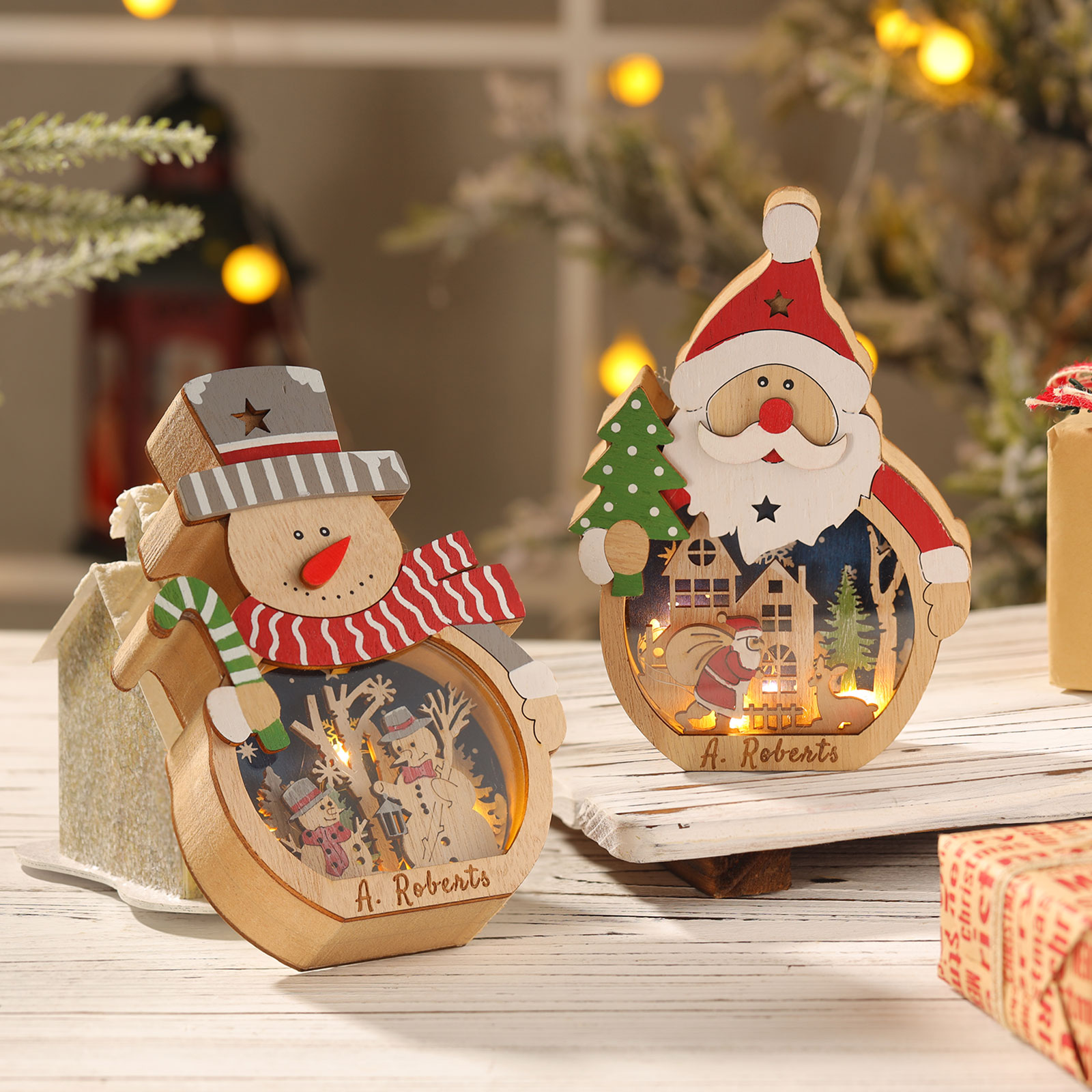 Personalisierter 1 Name Holzdeko Weihnachtsmann mit LED – Weihnachtsdekoration