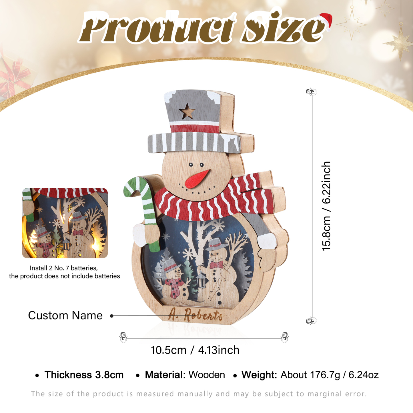 Personalisierter 1 Name Holzdeko Schneemann mit LED – Weihnachtsdekoration