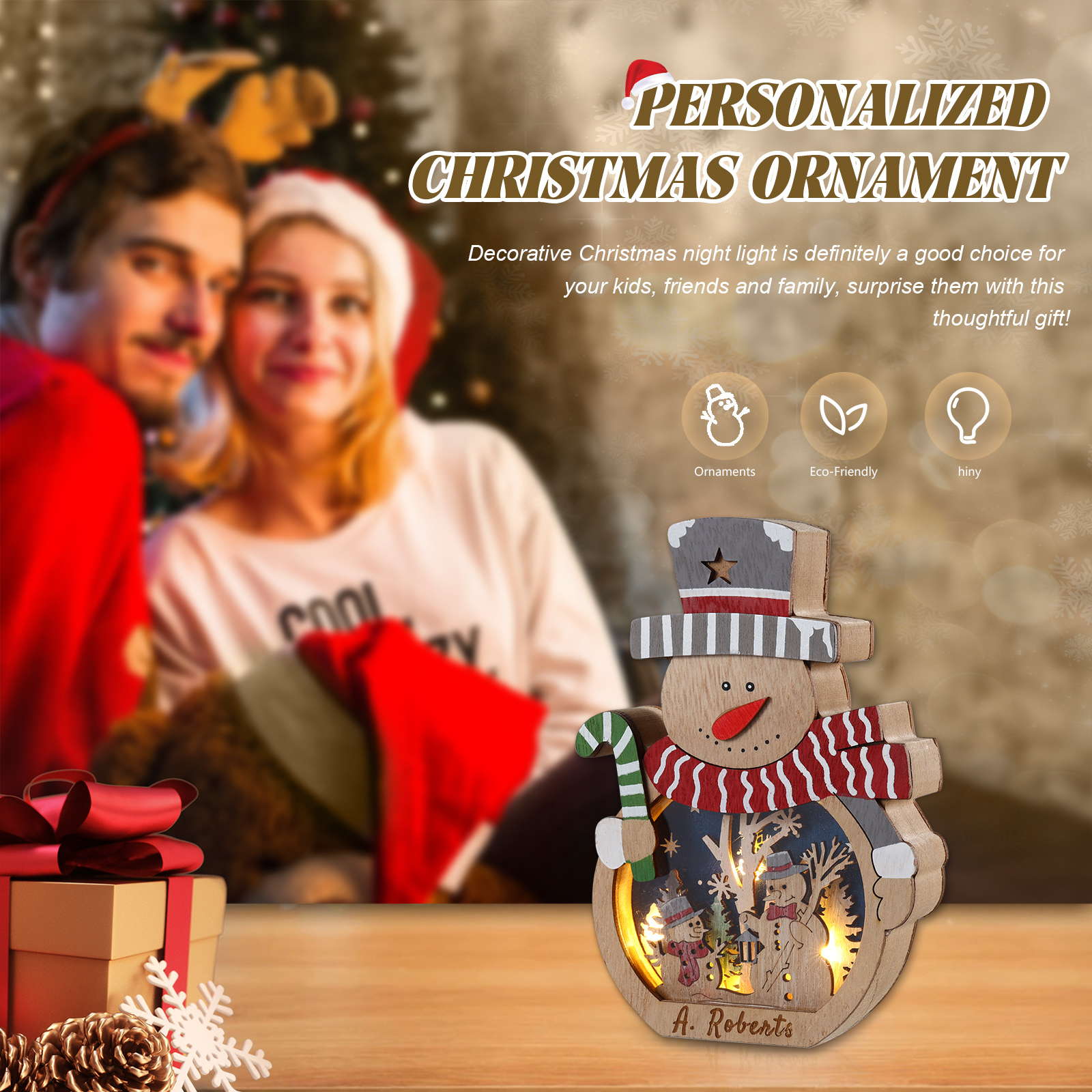 Personalisierter 1 Name Holzdeko Schneemann mit LED – Weihnachtsdekoration