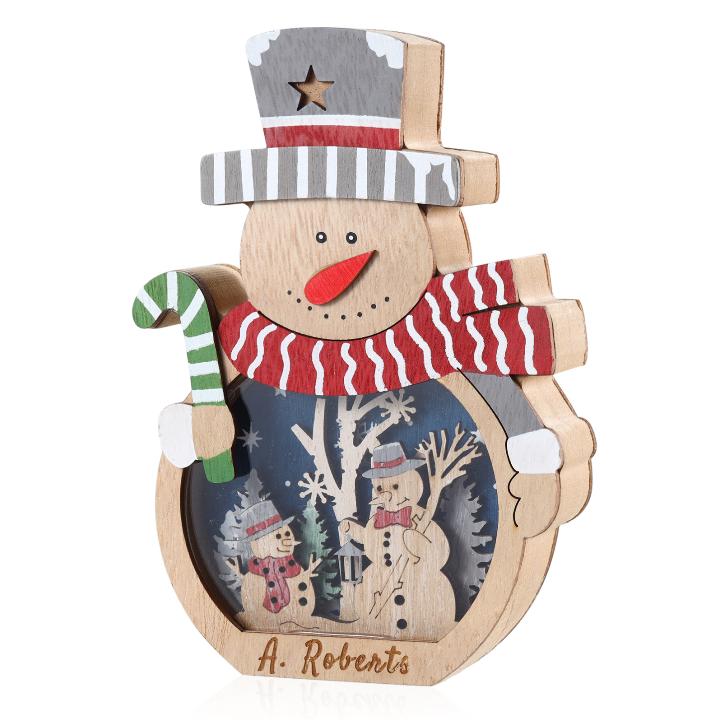 Personalisierter 1 Name Holzdeko Schneemann mit LED – Weihnachtsdekoration