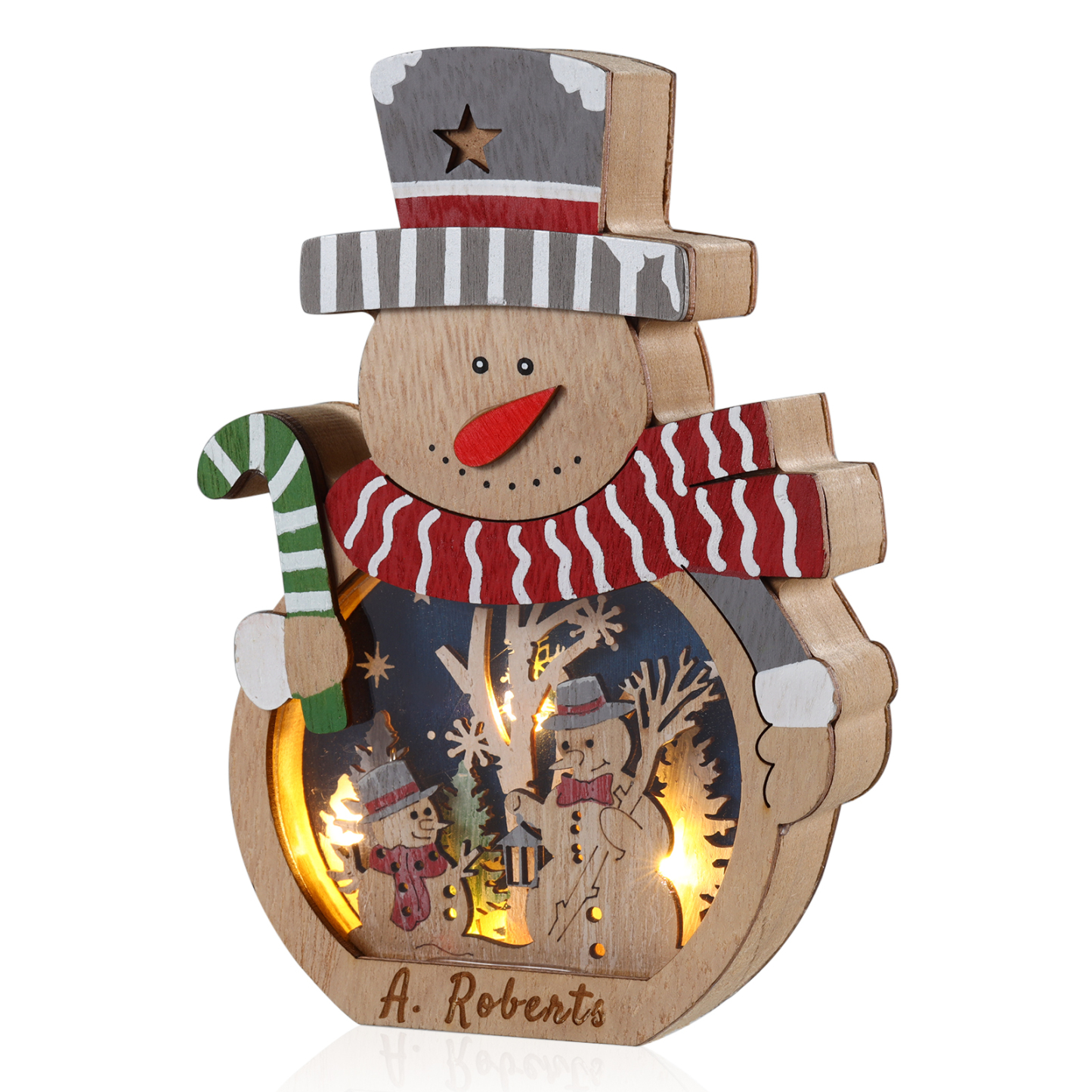 Personalisierter 1 Name Holzdeko Schneemann mit LED – Weihnachtsdekoration