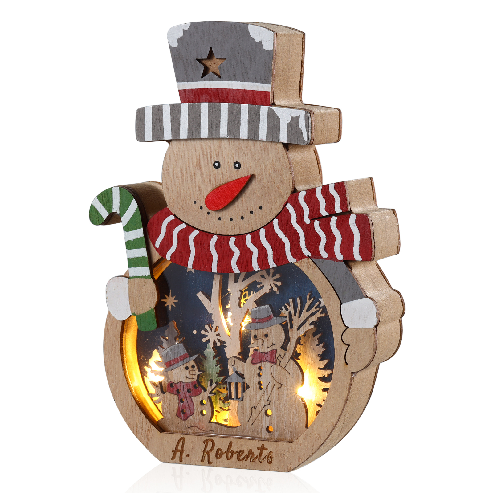Personalisierter 1 Name Holzdeko Schneemann mit LED – Weihnachtsdekoration