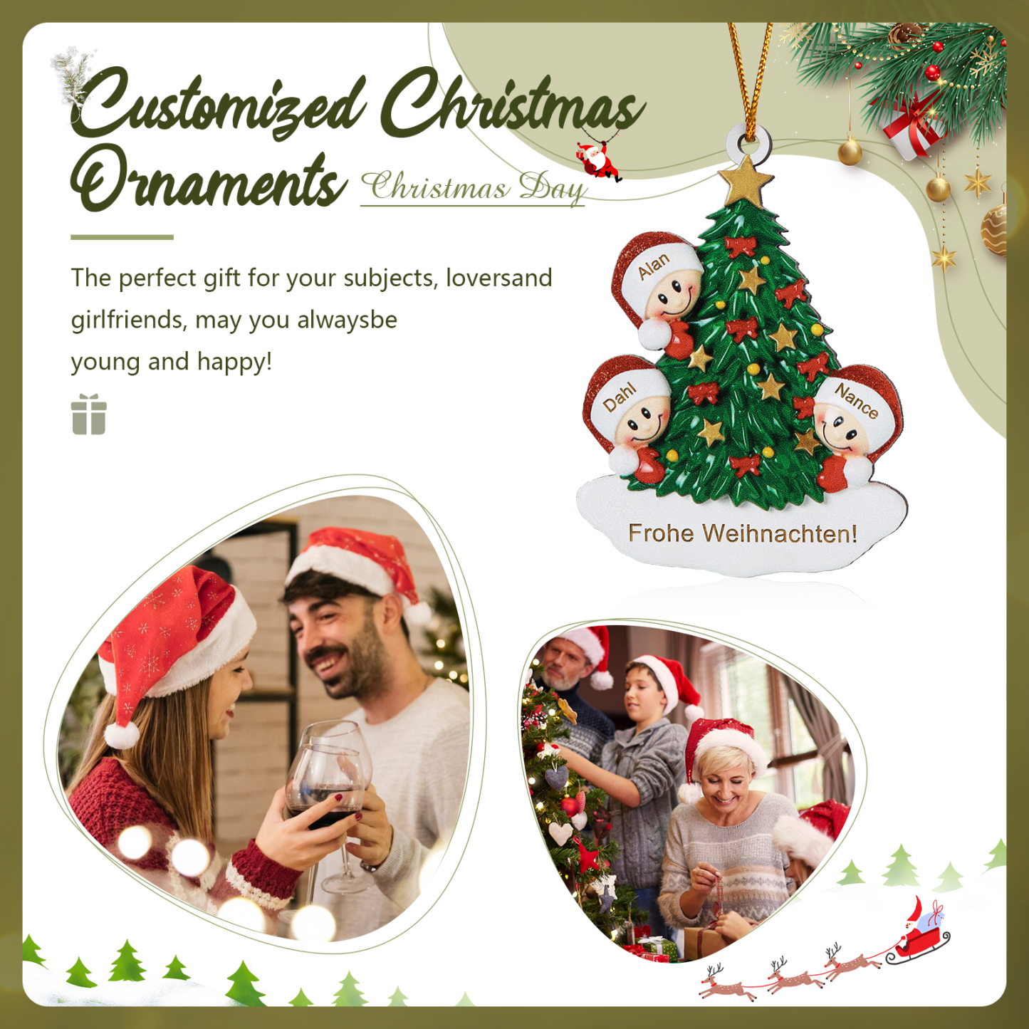 Holz Personalisiertes 3-8 Namen & Text Weihnachtsbaum-Anhänger – Individuelles Weihnachtsornament