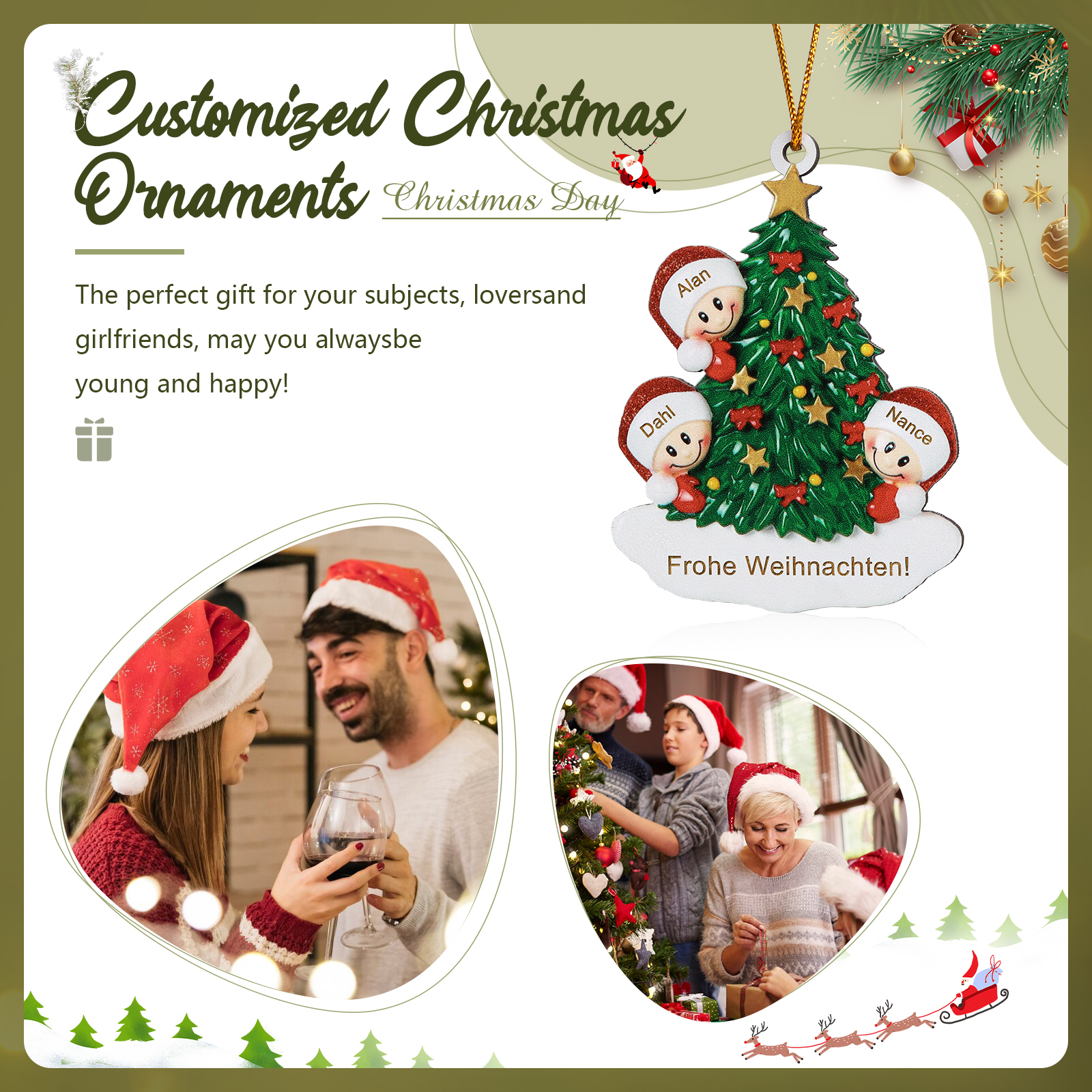 Holz Personalisiertes 3-8 Namen & Text Weihnachtsbaum-Anhänger – Individuelles Weihnachtsornament