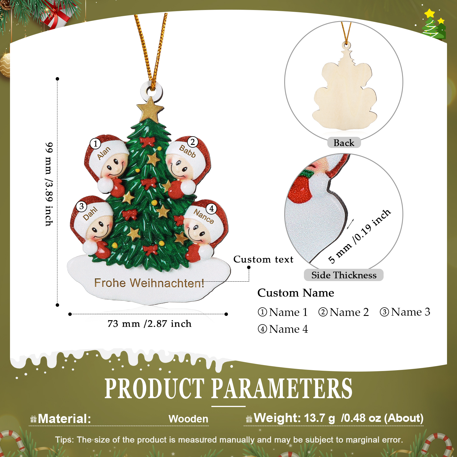 Holz Personalisiertes 3-8 Namen & Text Weihnachtsbaum-Anhänger – Individuelles Weihnachtsornament 