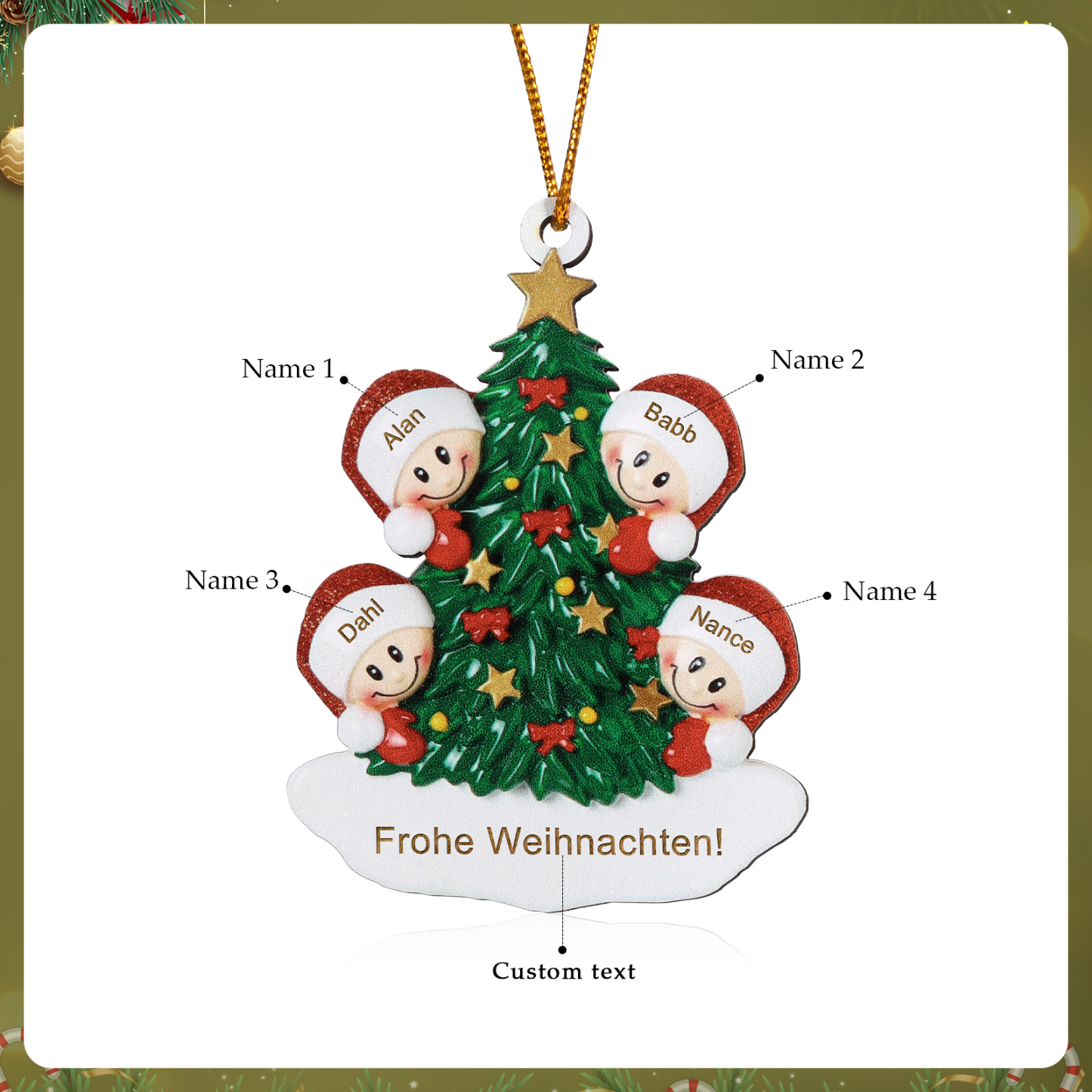 Holz Personalisiertes 3-8 Namen & Text Weihnachtsbaum-Anhänger – Individuelles Weihnachtsornament
