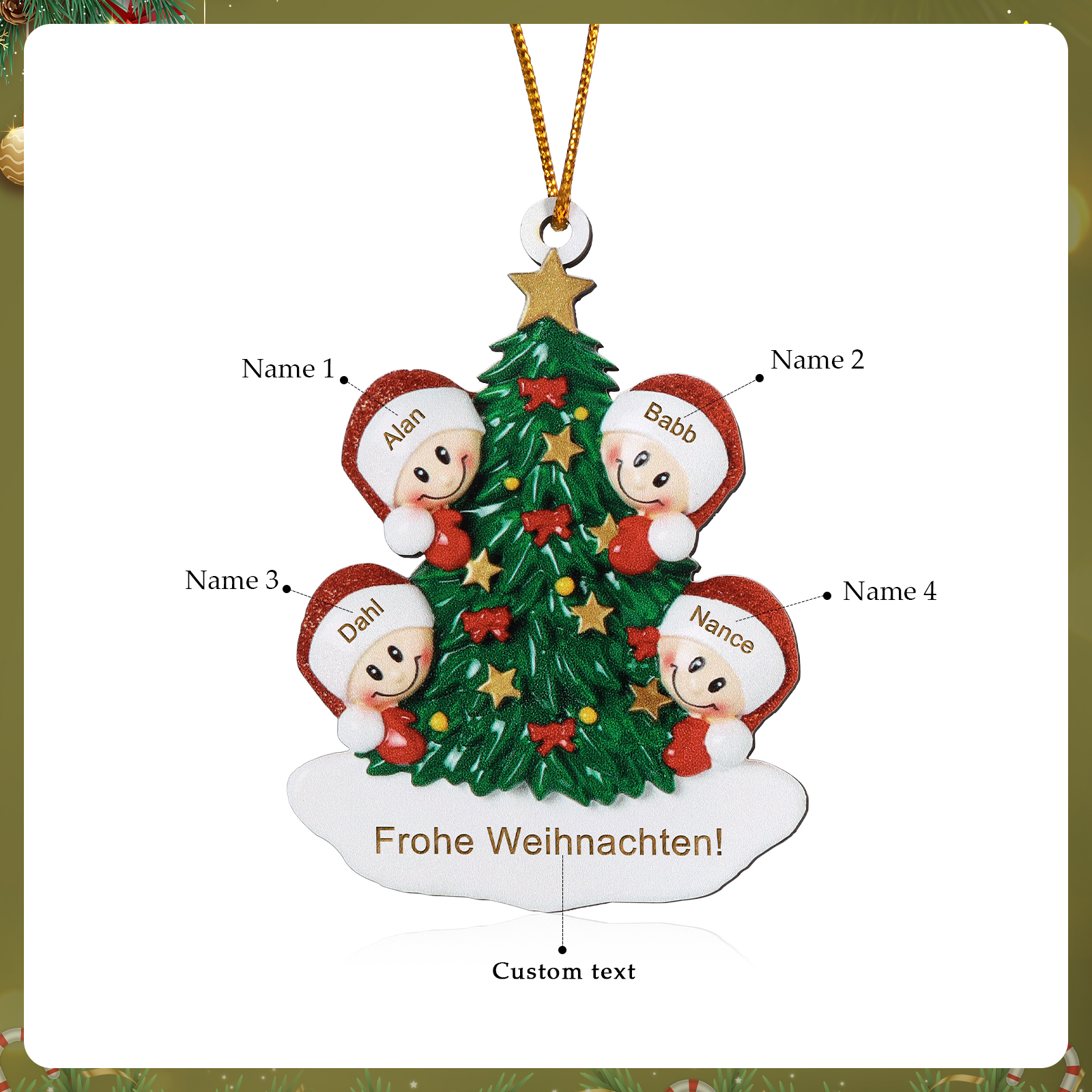 Holz Personalisiertes 3-8 Namen & Text Weihnachtsbaum-Anhänger – Individuelles Weihnachtsornament 