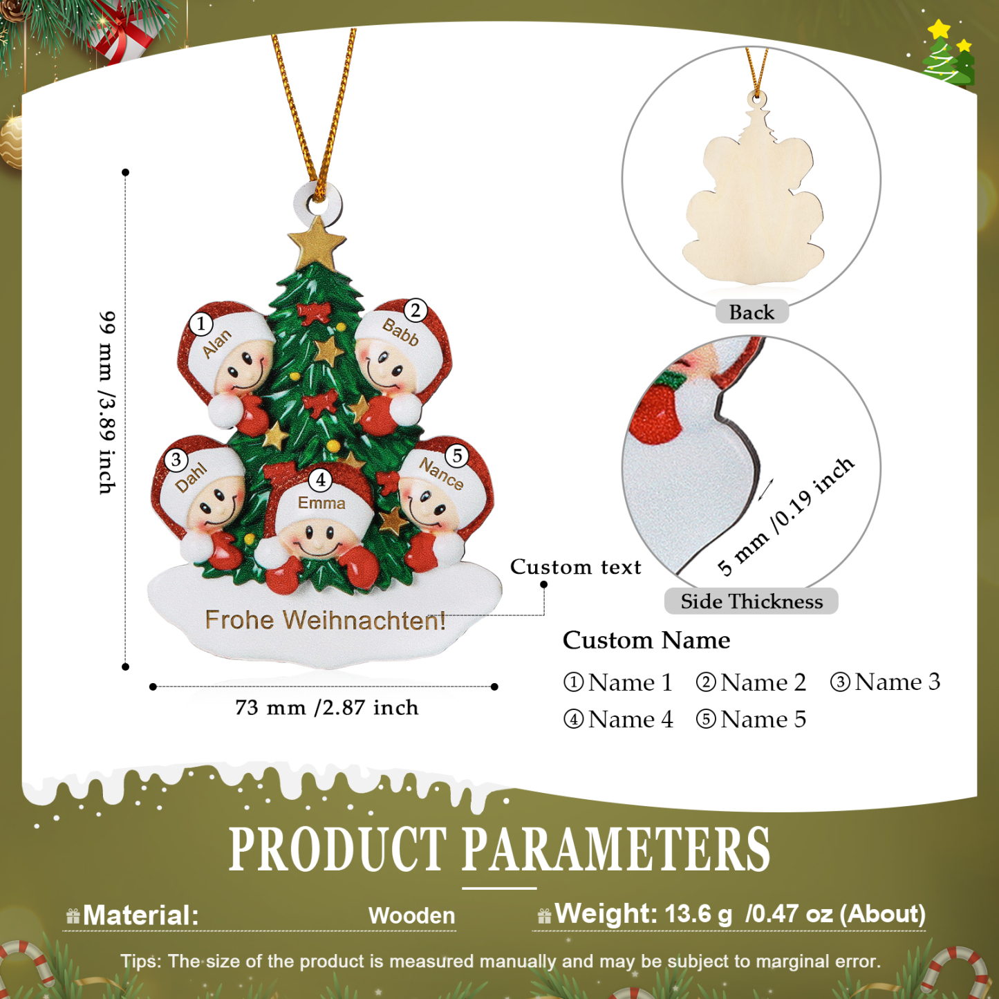 Holz Personalisiertes 3-8 Namen & Text Weihnachtsbaum-Anhänger – Individuelles Weihnachtsornament