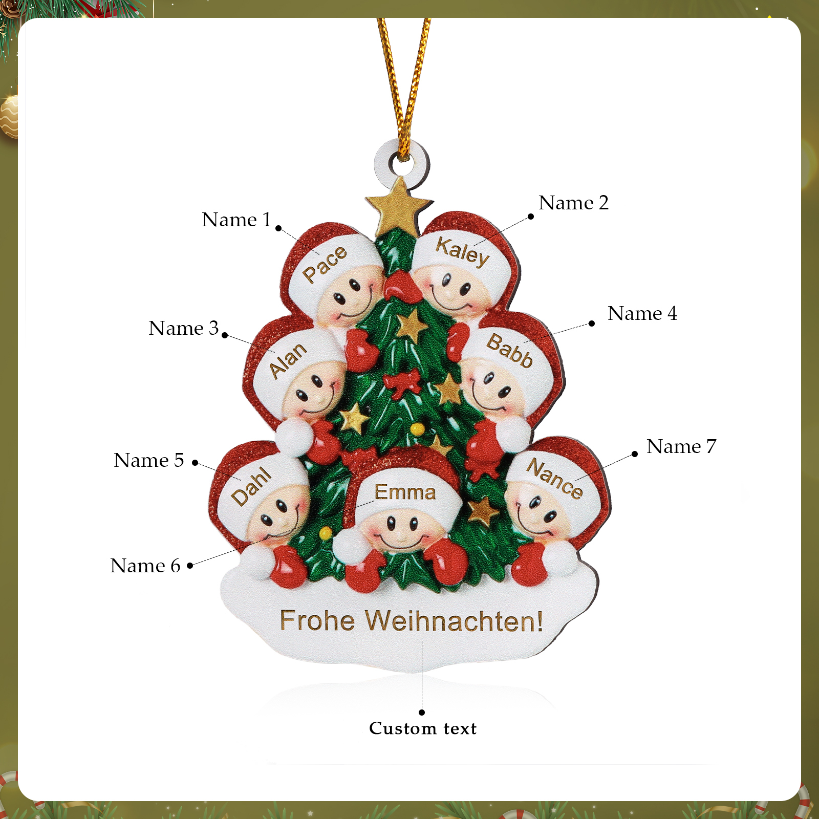 Holz Personalisiertes 3-8 Namen & Text Weihnachtsbaum-Anhänger – Individuelles Weihnachtsornament 