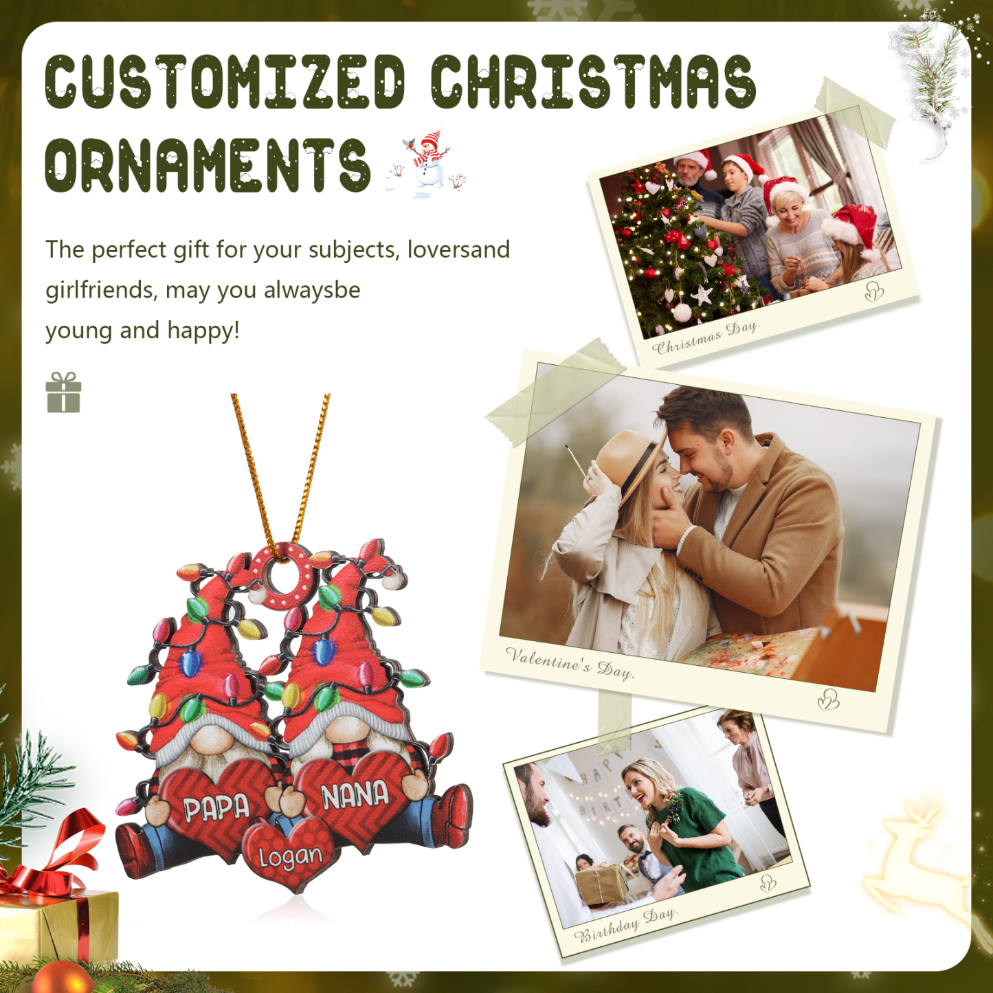Holz Personalisierte 3-7 Namen Wichtel-Familie & Herz Weihnachtsornament mit 3-7 Familienmitgliedern
