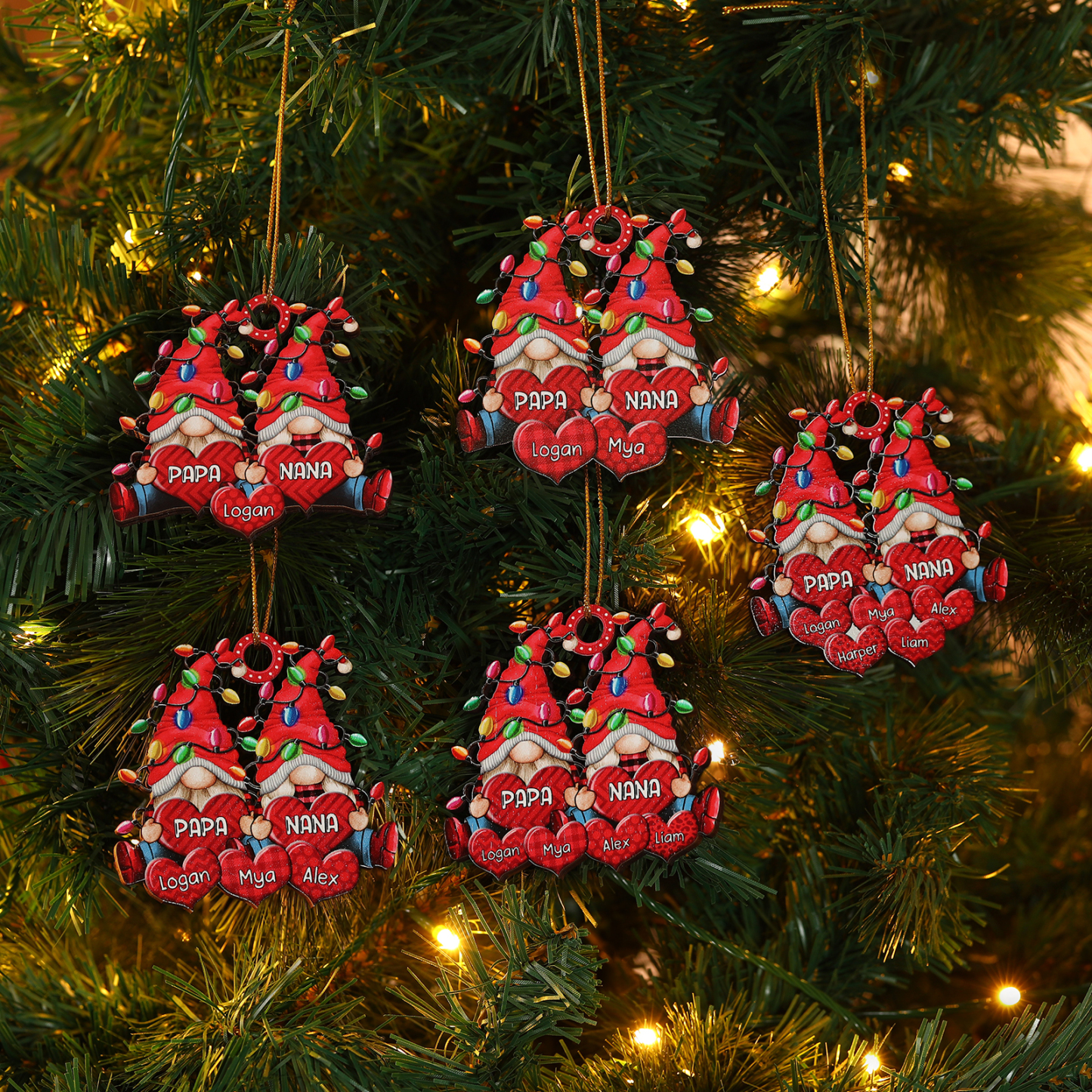 Holz Personalisierte 3-7 Namen Wichtel-Familie & Herz Weihnachtsornament mit 3-7 Familienmitgliedern