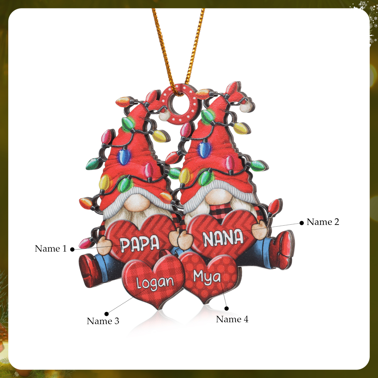 Holz Personalisierte 3-7 Namen Wichtel-Familie & Herz Weihnachtsornament mit 3-7 Familienmitgliedern