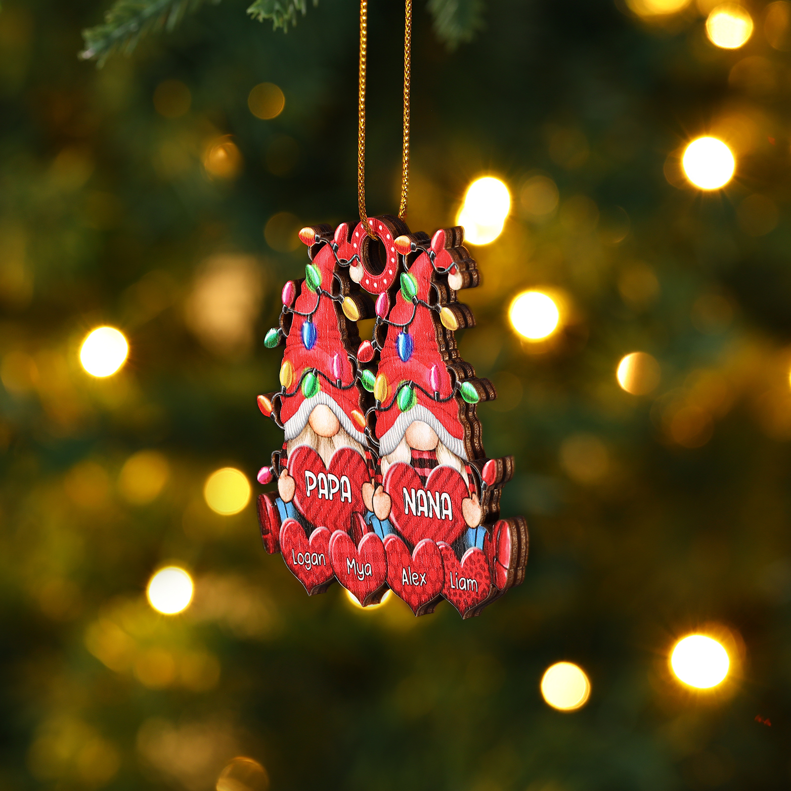 Holz Personalisierte 3-7 Namen Wichtel-Familie & Herz Weihnachtsornament mit 3-7 Familienmitgliedern