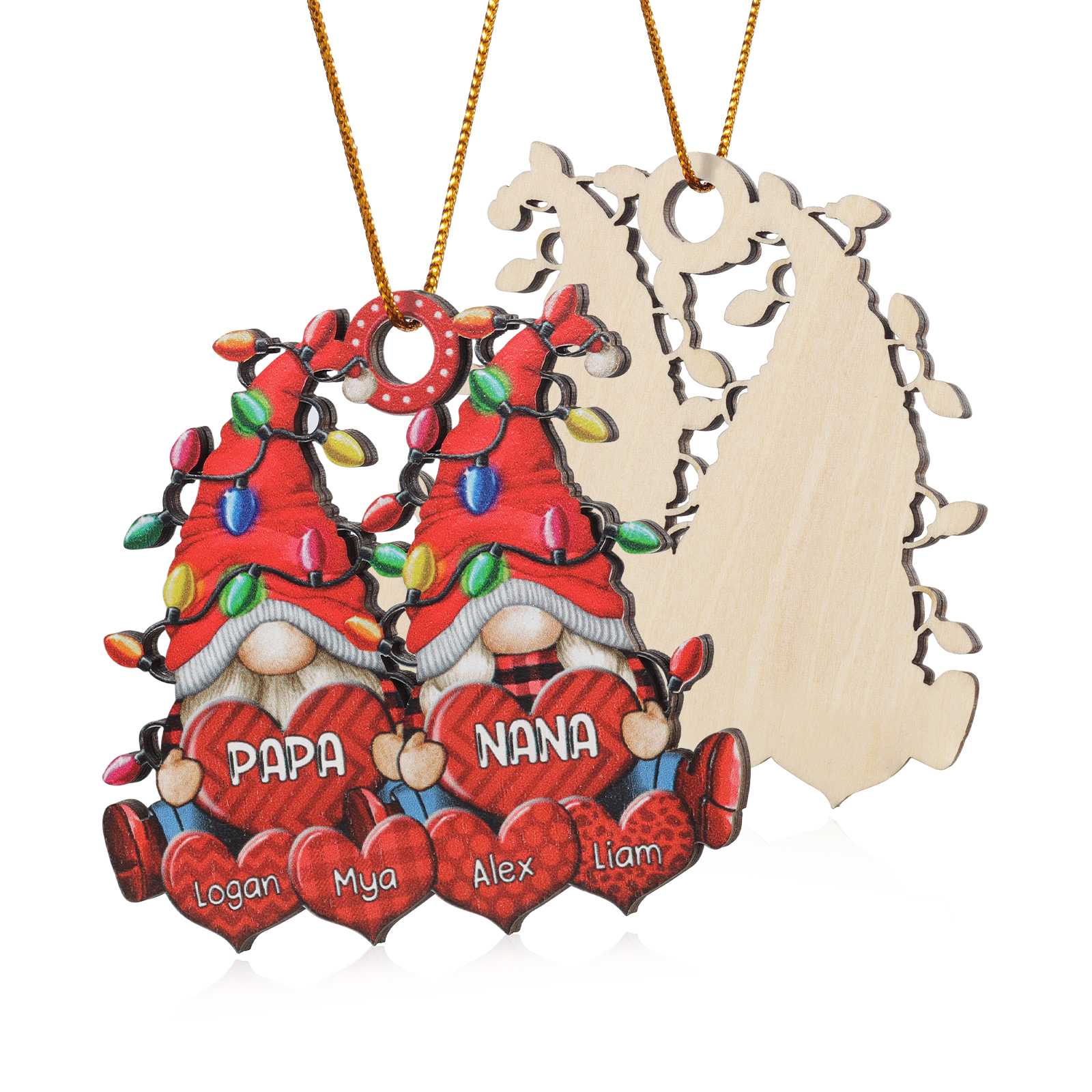 Holz Personalisierte 3-7 Namen Wichtel-Familie & Herz Weihnachtsornament mit 3-7 Familienmitgliedern