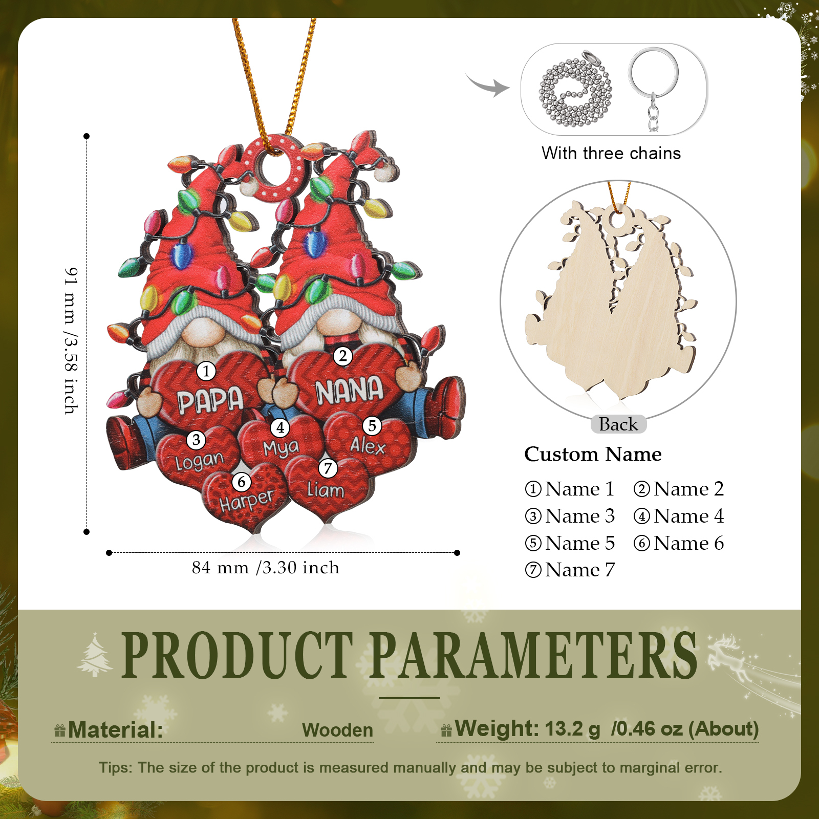 Holz Personalisierte 3-7 Namen Wichtel-Familie & Herz Weihnachtsornament mit 3-7 Familienmitgliedern