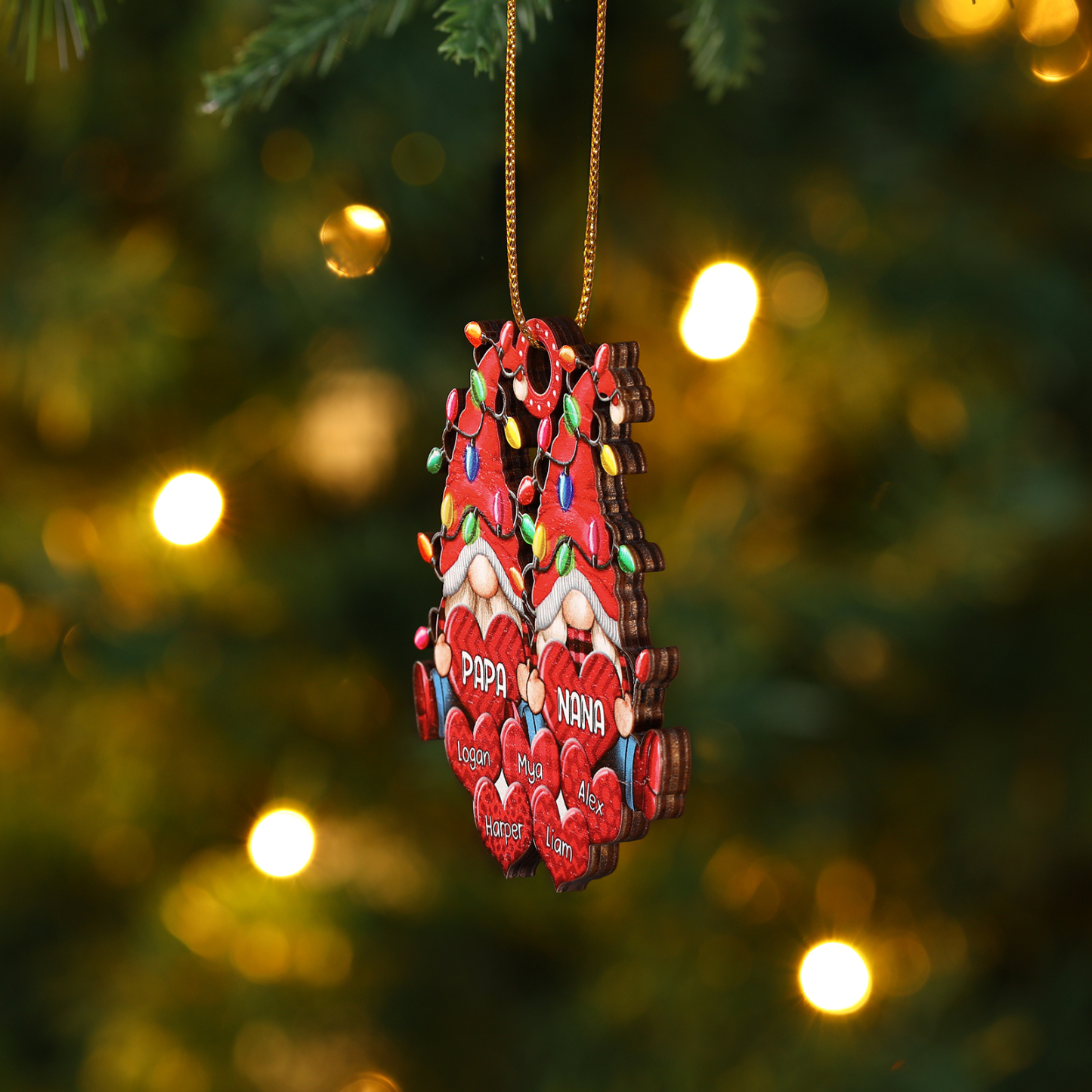 Holz Personalisierte 3-7 Namen Wichtel-Familie & Herz Weihnachtsornament mit 3-7 Familienmitgliedern