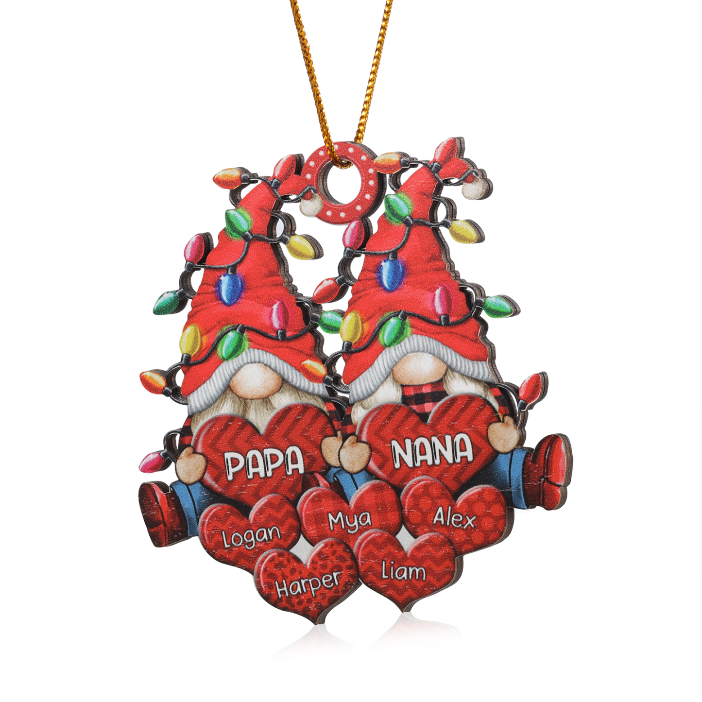 Holz Personalisierte 3-7 Namen Wichtel-Familie & Herz Weihnachtsornament mit 3-7 Familienmitgliedern