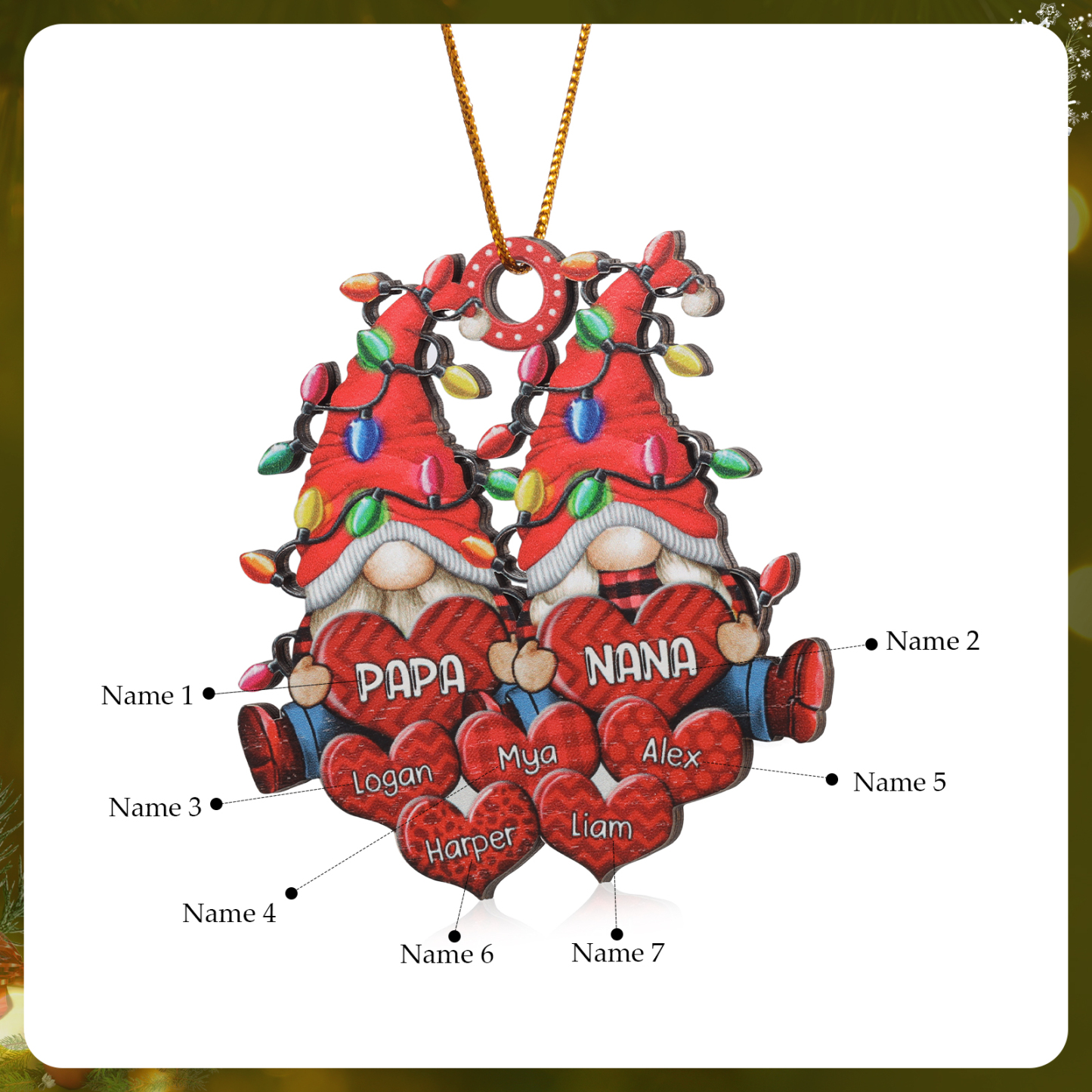 Holz Personalisierte 3-7 Namen Wichtel-Familie & Herz Weihnachtsornament mit 3-7 Familienmitgliedern
