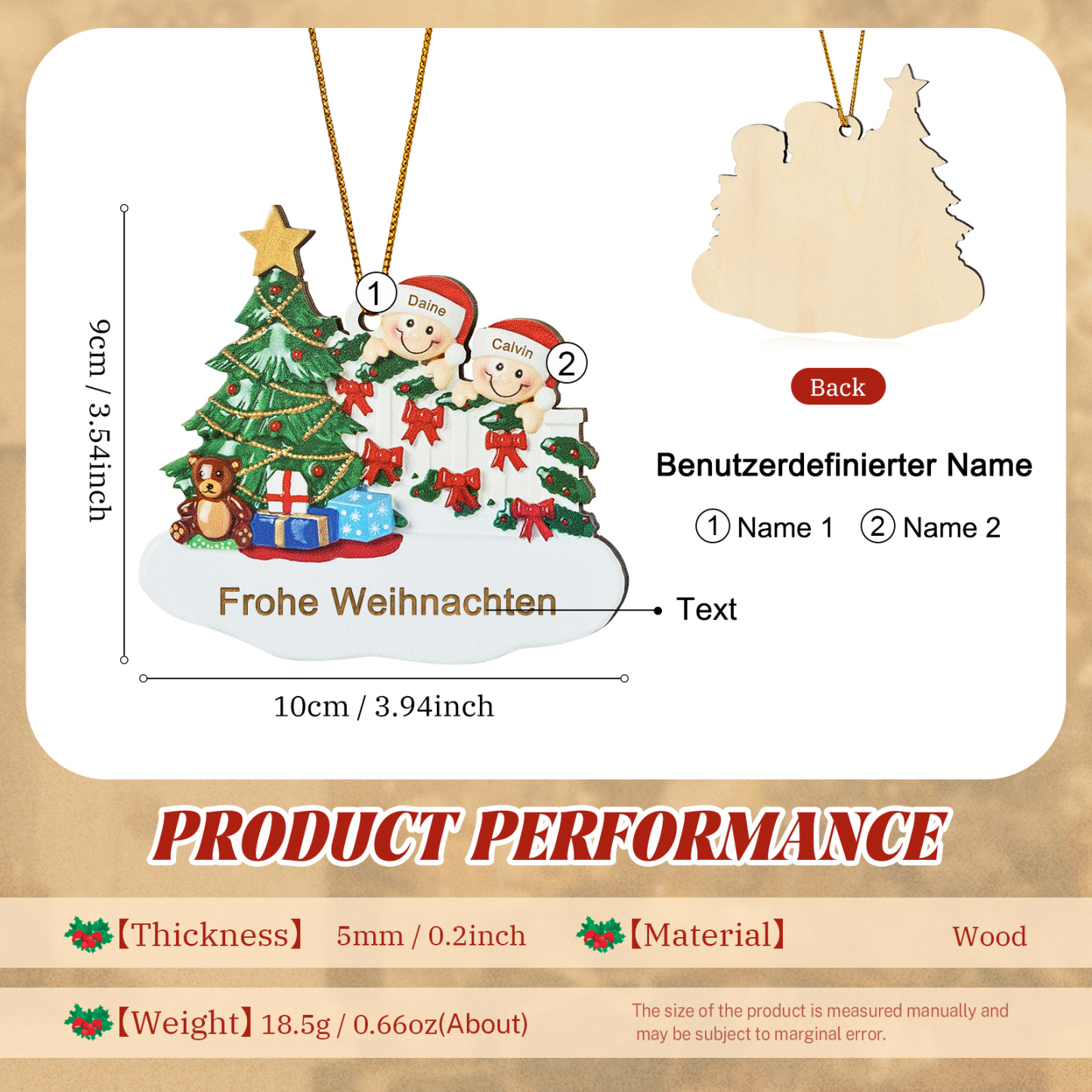 Holz Weihnachtsornament-Personalisierte 2-8 Namen & Text Weihnachtsanhänger mit Weihnachtsbaum & Geschenken für Familie
