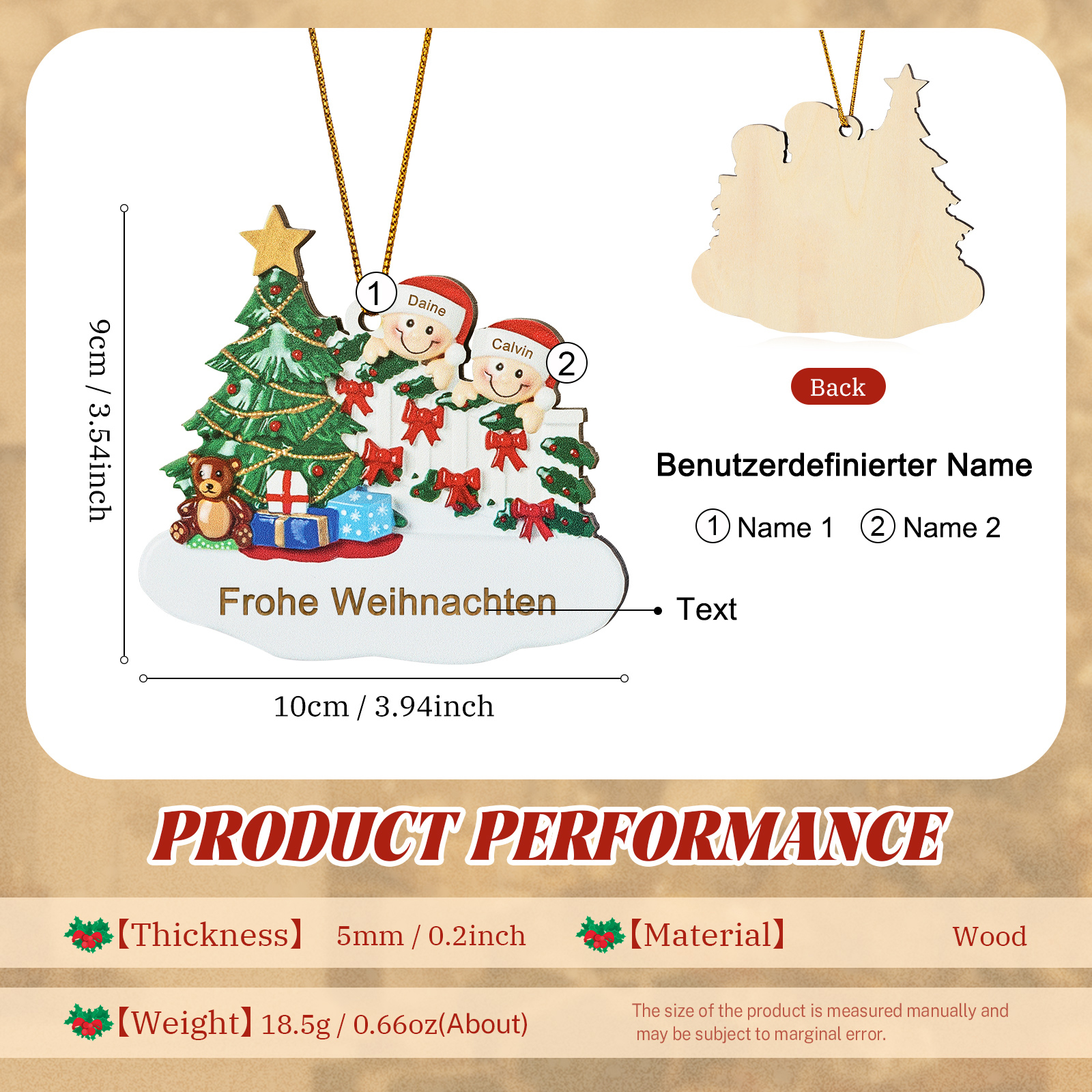 Holz Weihnachtsornament-Personalisierte 2-8 Namen & Text Weihnachtsanhänger mit Weihnachtsbaum & Geschenken für Familie