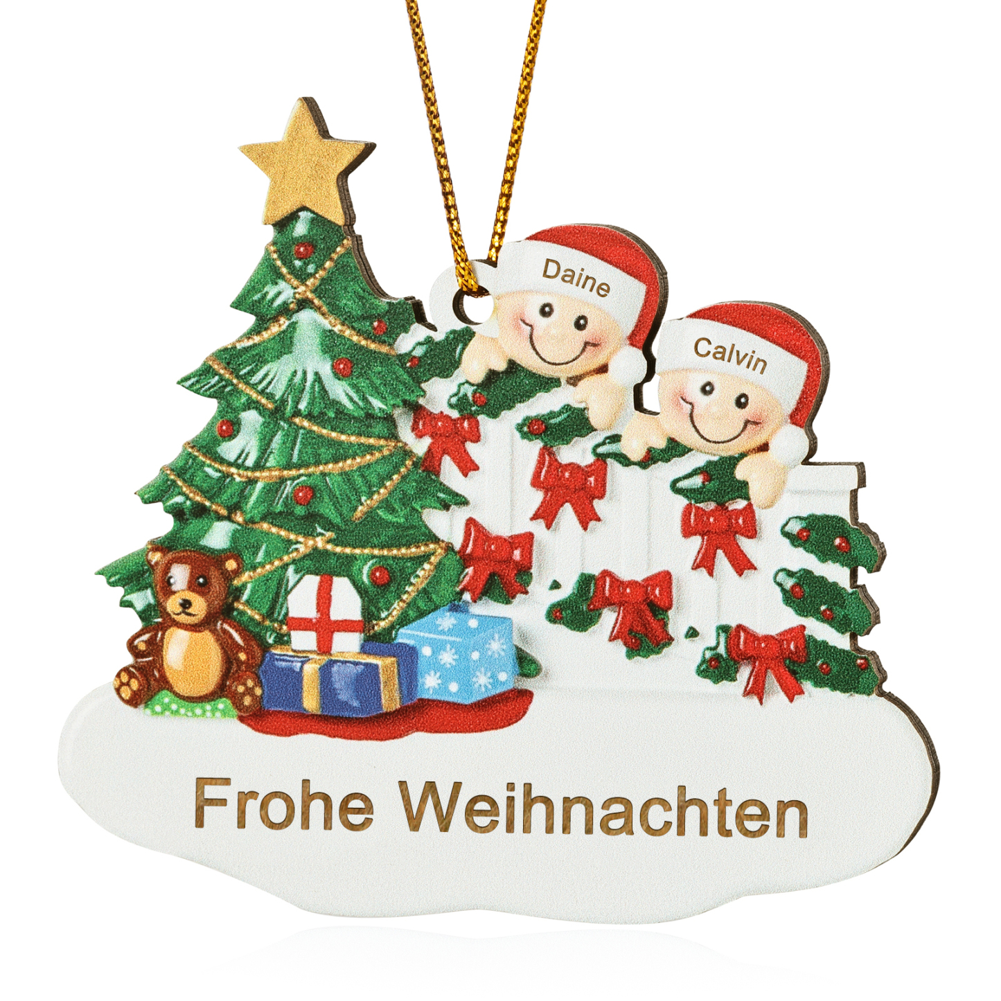 Holz Weihnachtsornament-Personalisierte 2-8 Namen & Text Weihnachtsanhänger mit Weihnachtsbaum & Geschenken für Familie