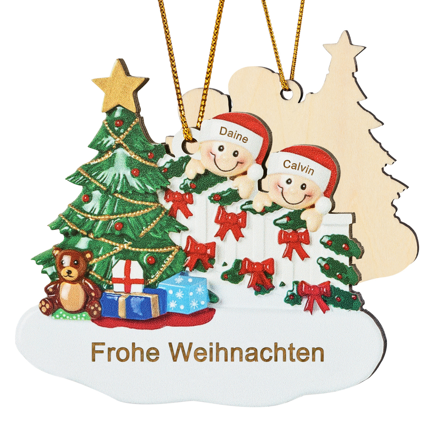 Holz Weihnachtsornament-Personalisierte 2-8 Namen & Text Weihnachtsanhänger mit Weihnachtsbaum & Geschenken für Familie