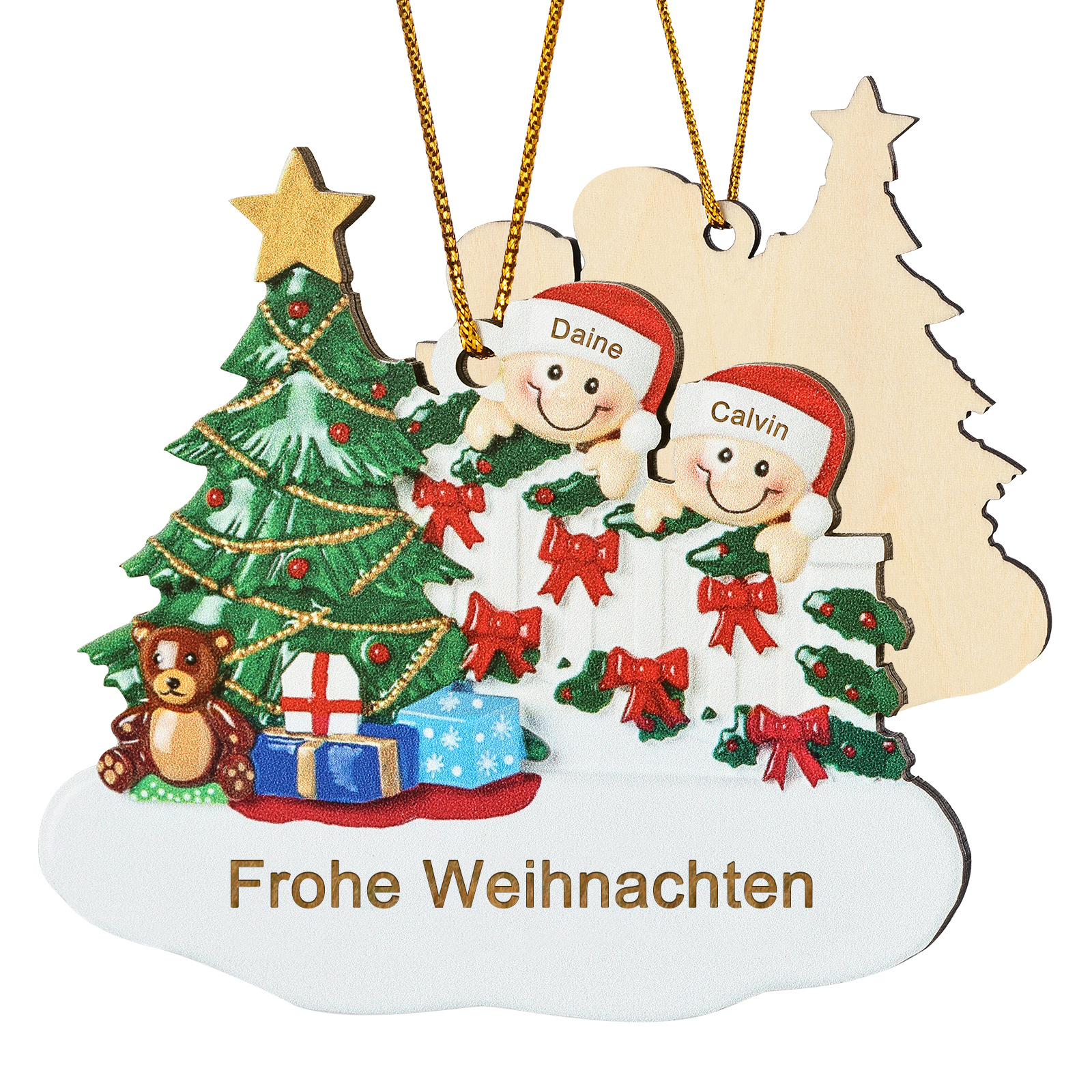 Holz Weihnachtsornament-Personalisierte 2-8 Namen & Text Weihnachtsanhänger mit Weihnachtsbaum & Geschenken für Familie