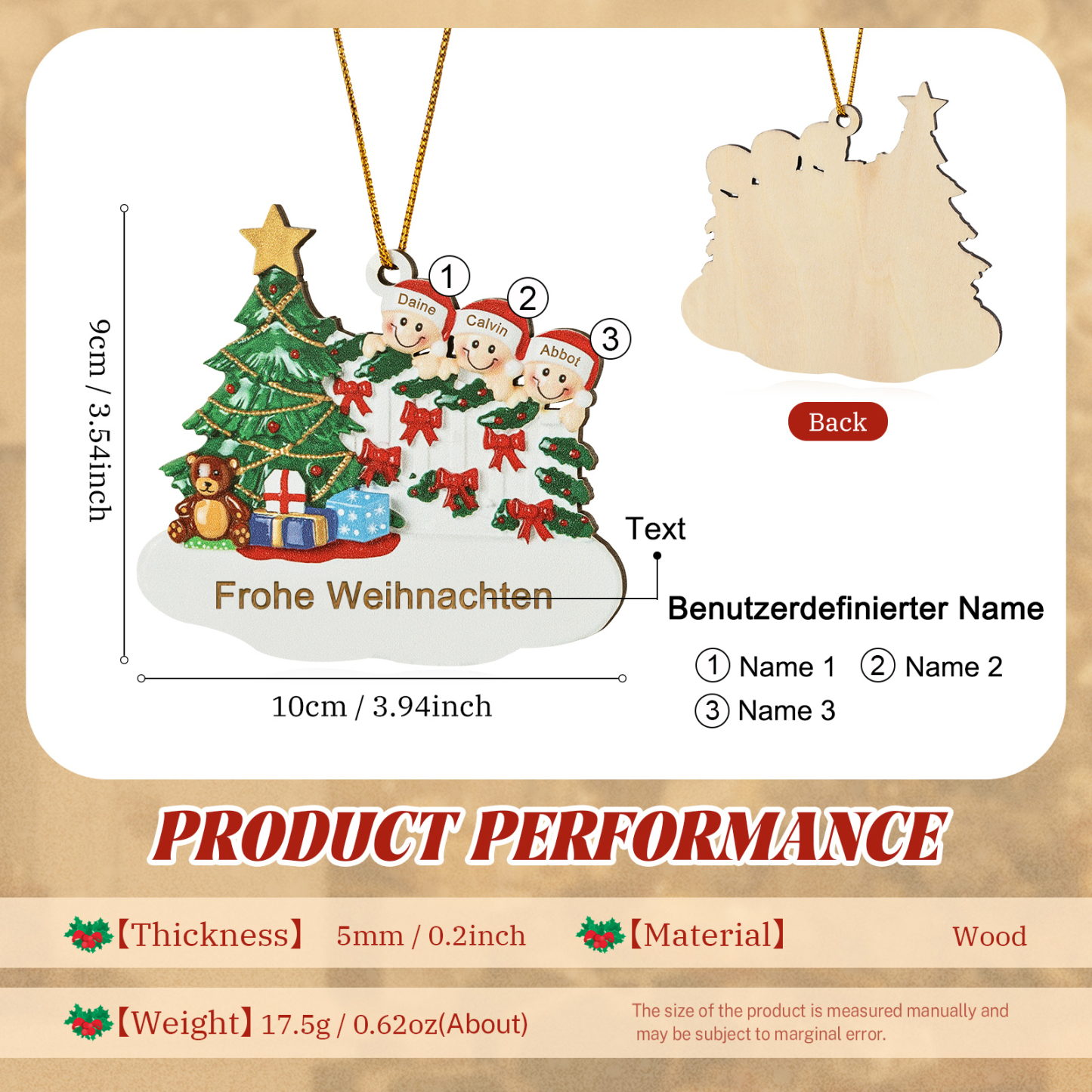 Holz Weihnachtsornament-Personalisierte 2-8 Namen & Text Weihnachtsanhänger mit Weihnachtsbaum & Geschenken für Familie