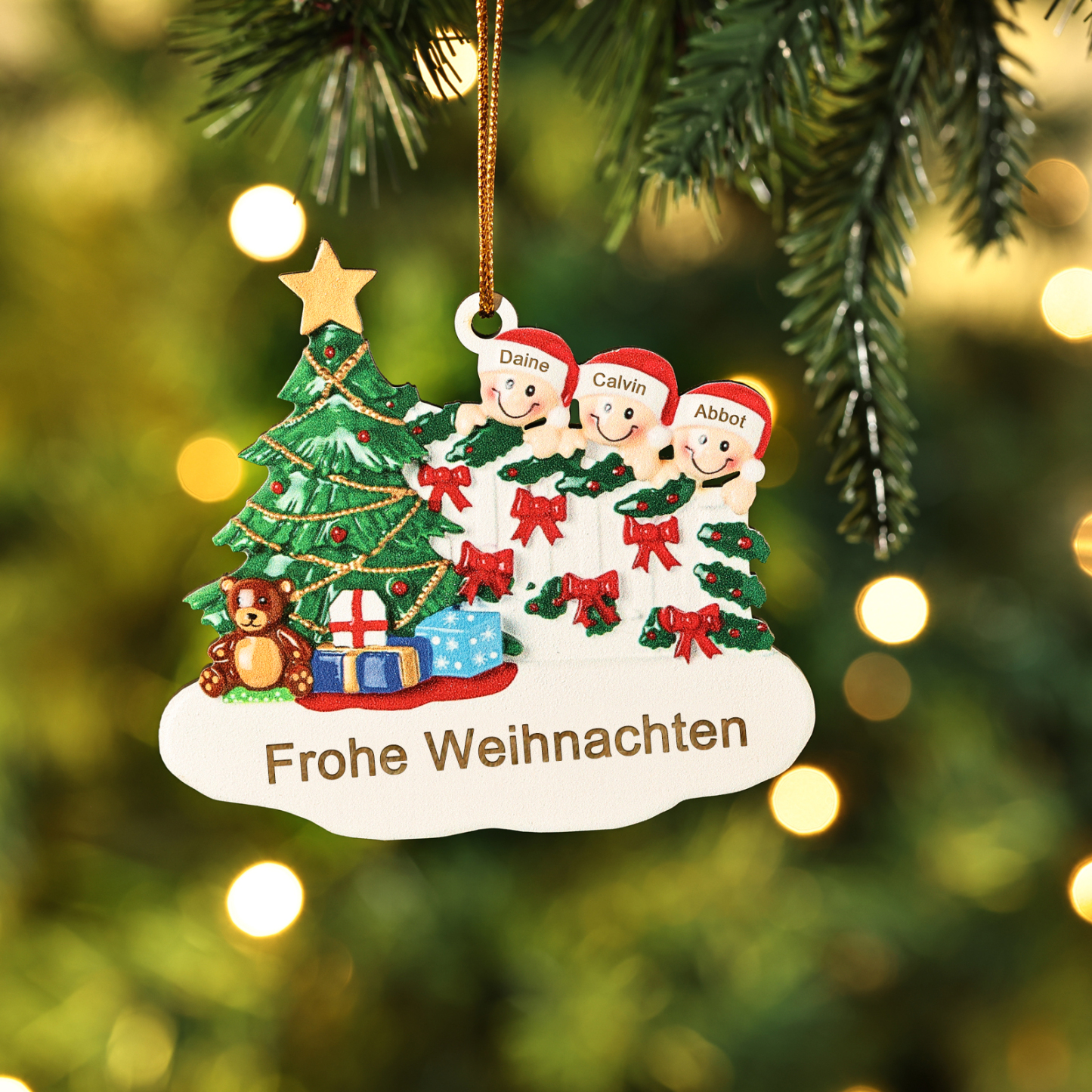 Holz Weihnachtsornament-Personalisierte 2-8 Namen & Text Weihnachtsanhänger mit Weihnachtsbaum & Geschenken für Familie