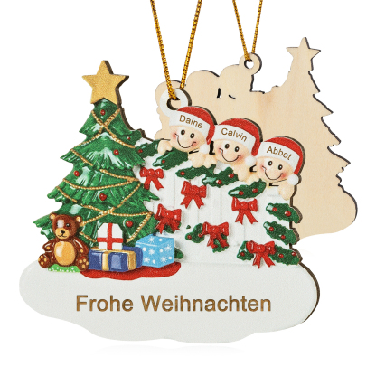 Holz Weihnachtsornament-Personalisierte 2-8 Namen & Text Weihnachtsanhänger mit Weihnachtsbaum & Geschenken für Familie