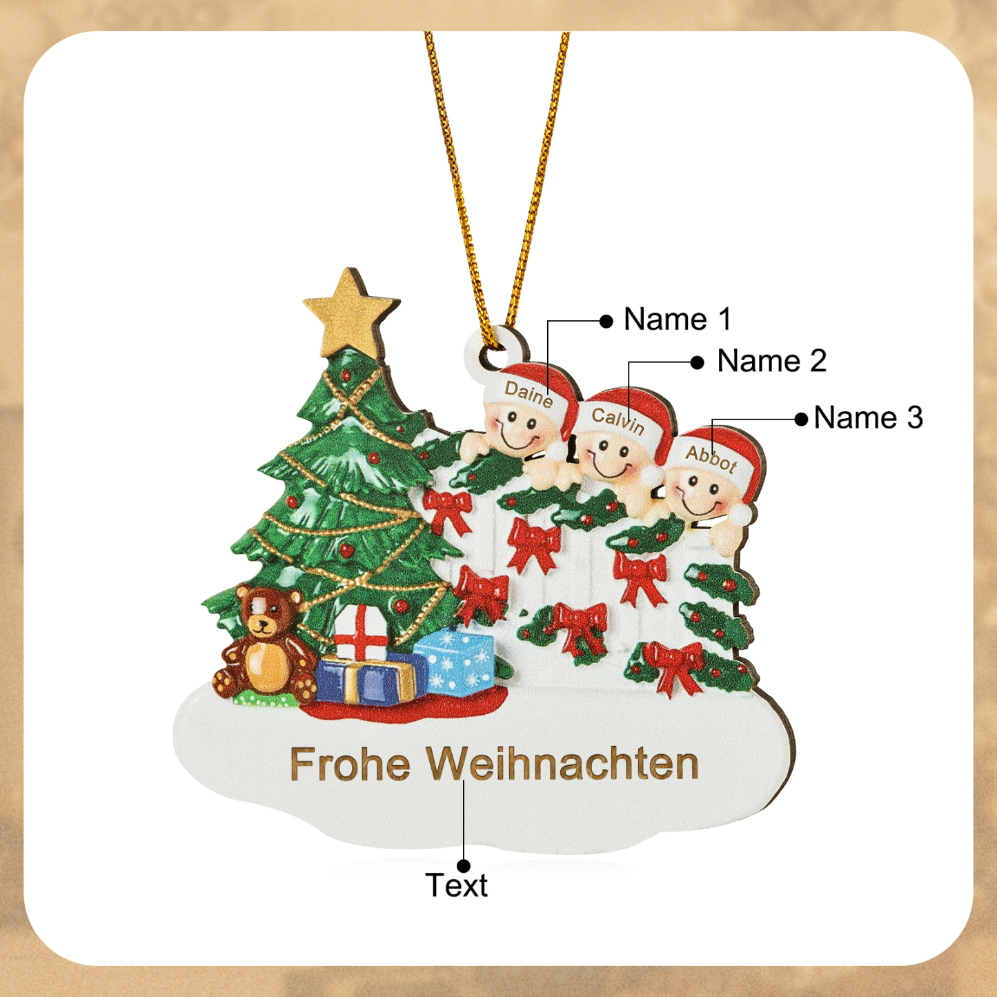 Holz Weihnachtsornament-Personalisierte 2-8 Namen & Text Weihnachtsanhänger mit Weihnachtsbaum & Geschenken für Familie