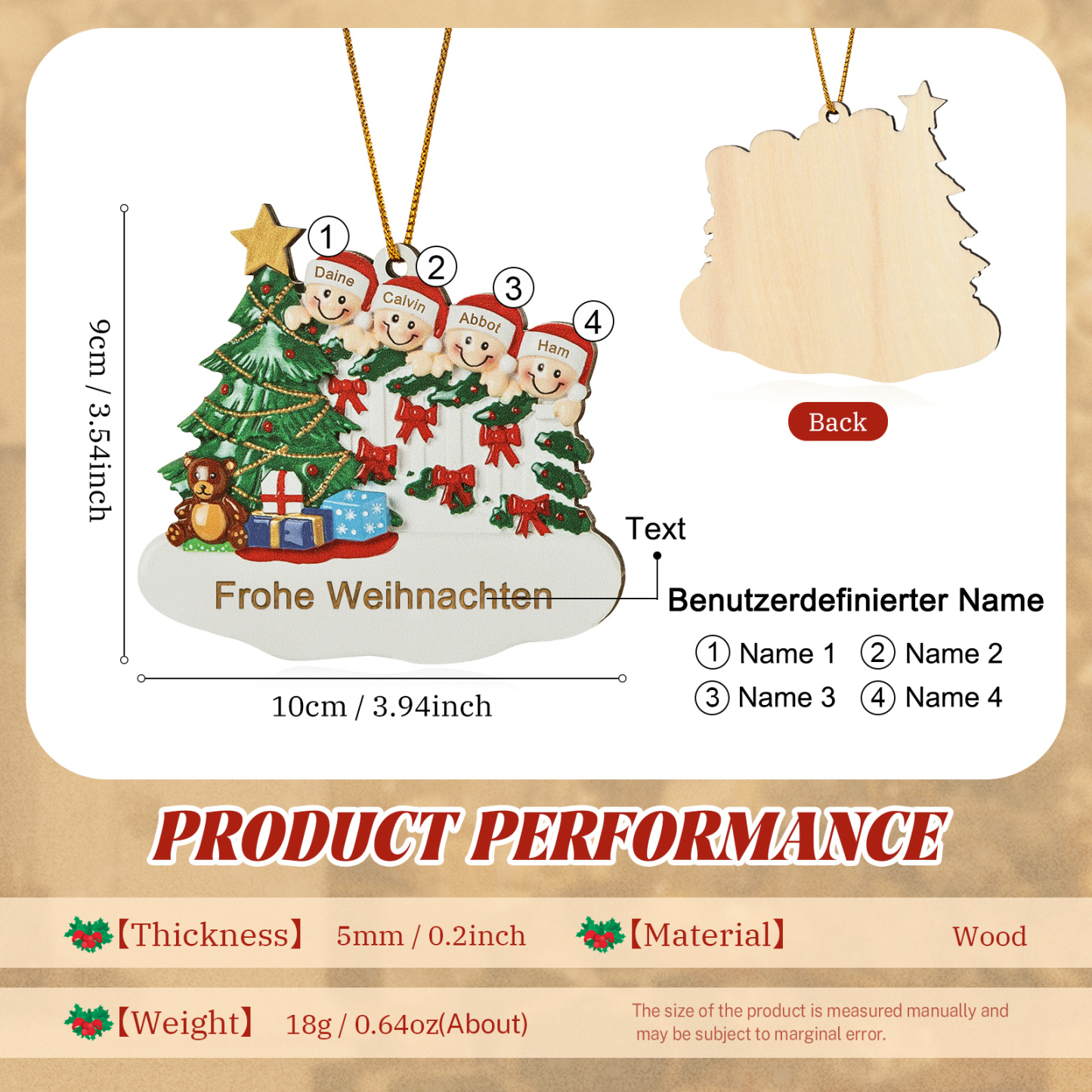 Holz Weihnachtsornament-Personalisierte 2-8 Namen & Text Weihnachtsanhänger mit Weihnachtsbaum & Geschenken für Familie