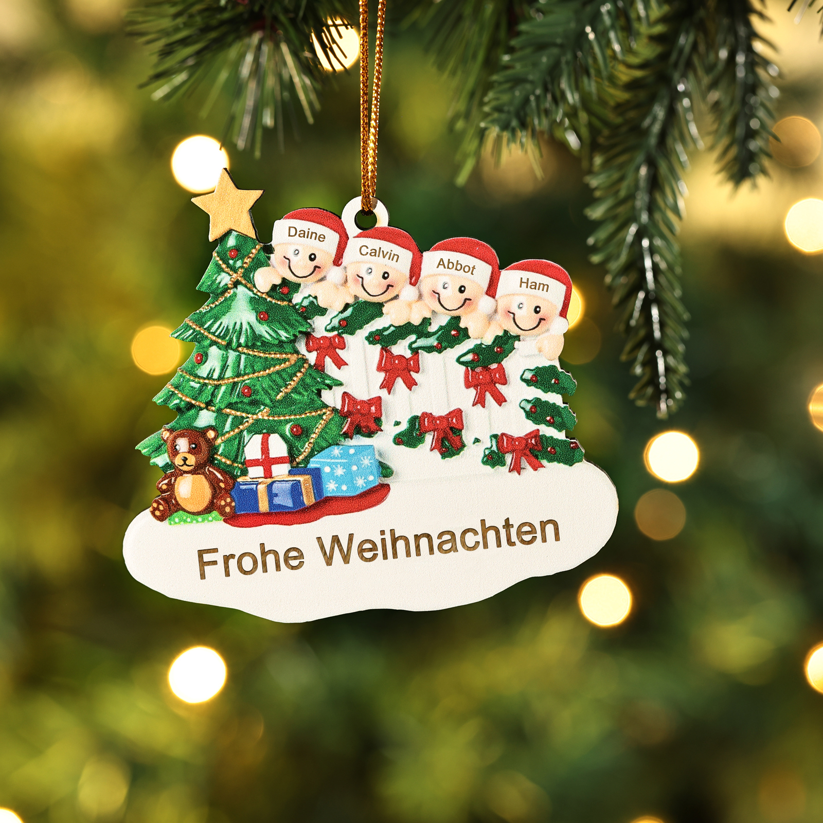 Holz Weihnachtsornament-Personalisierte 2-8 Namen & Text Weihnachtsanhänger mit Weihnachtsbaum & Geschenken für Familie