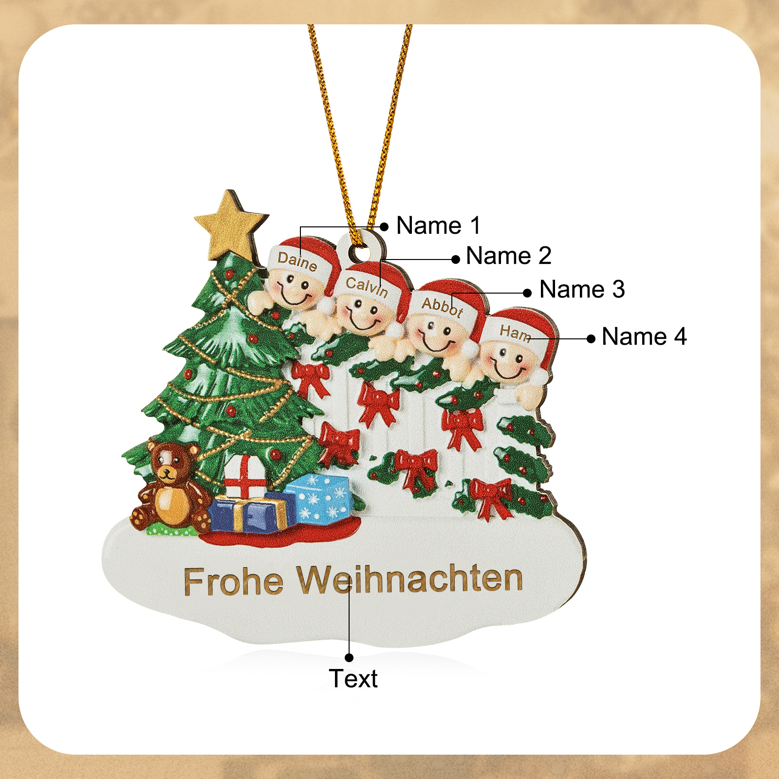 Holz Weihnachtsornament-Personalisierte 2-8 Namen & Text Weihnachtsanhänger mit Weihnachtsbaum & Geschenken für Familie