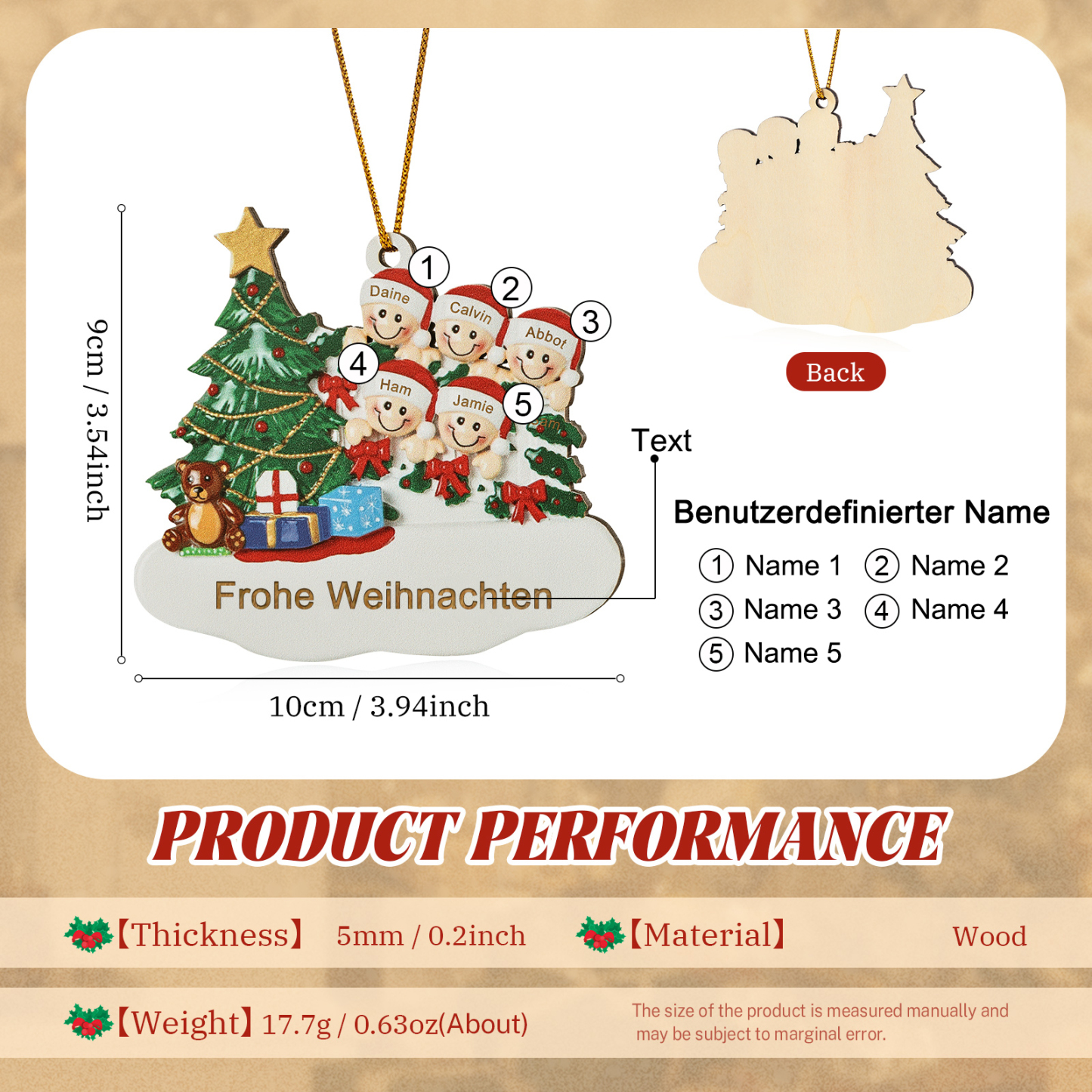 Holz Weihnachtsornament-Personalisierte 2-8 Namen & Text Weihnachtsanhänger mit Weihnachtsbaum & Geschenken für Familie