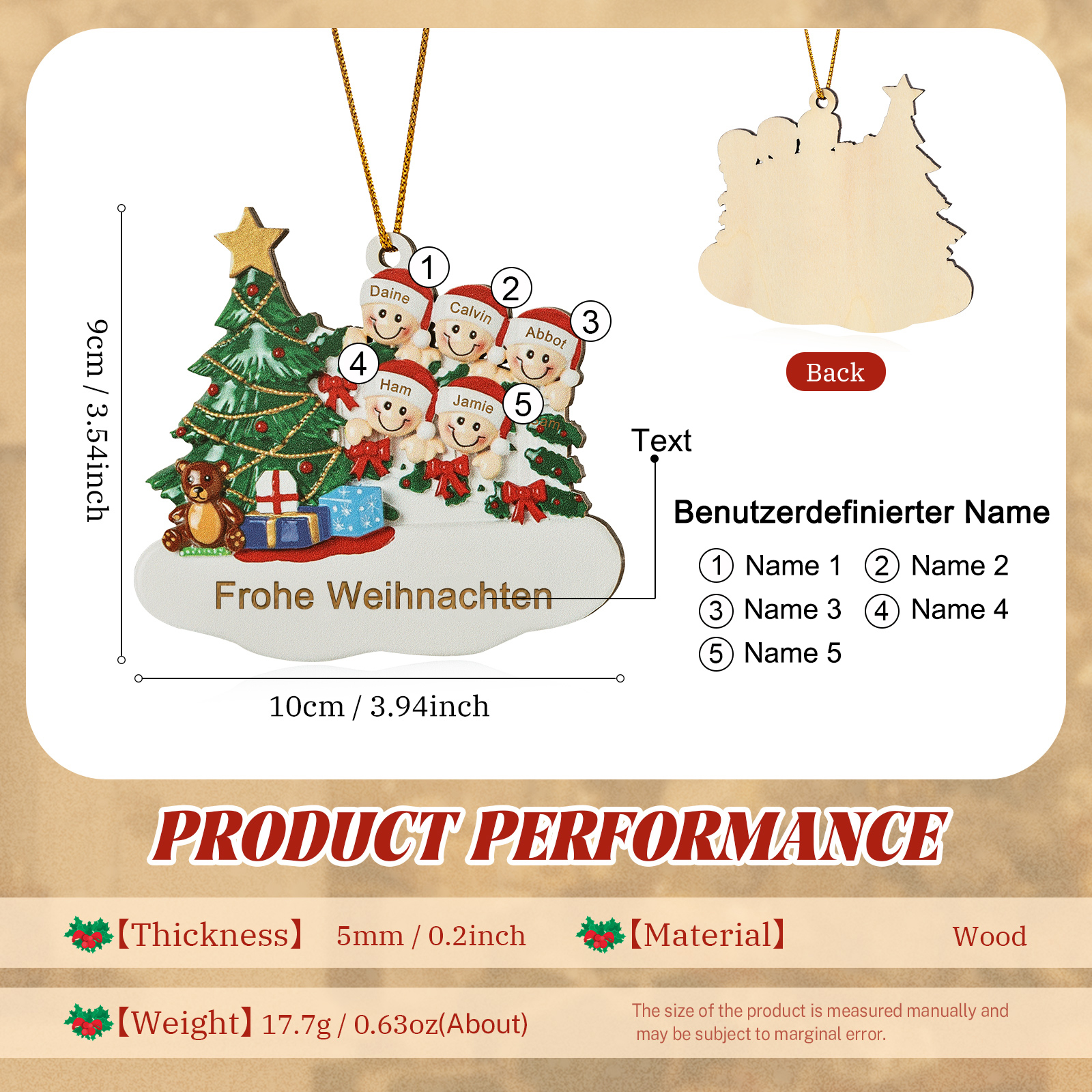 Holz Weihnachtsornament-Personalisierte 2-8 Namen & Text Weihnachtsanhänger mit Weihnachtsbaum & Geschenken für Familie