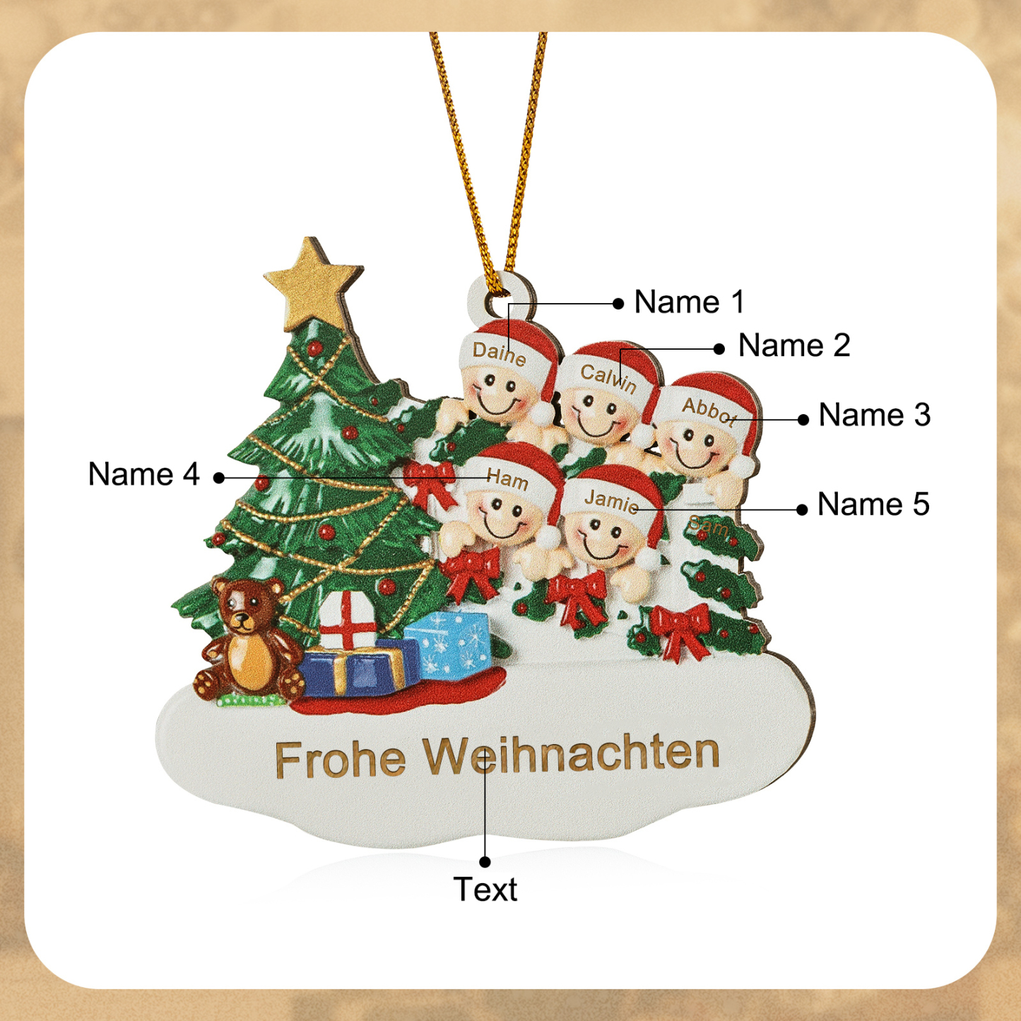 Holz Weihnachtsornament-Personalisierte 2-8 Namen & Text Weihnachtsanhänger mit Weihnachtsbaum & Geschenken für Familie