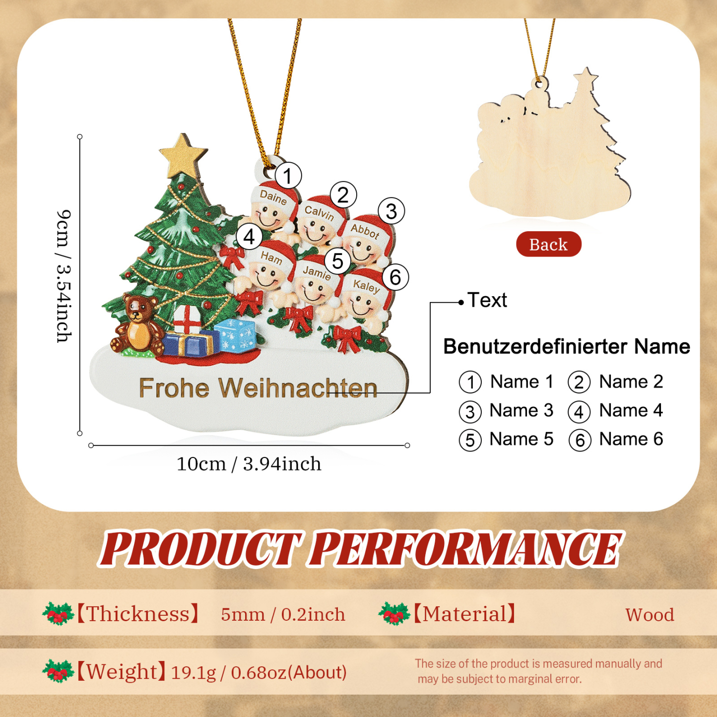 Holz Weihnachtsornament-Personalisierte 2-8 Namen & Text Weihnachtsanhänger mit Weihnachtsbaum & Geschenken für Familie
