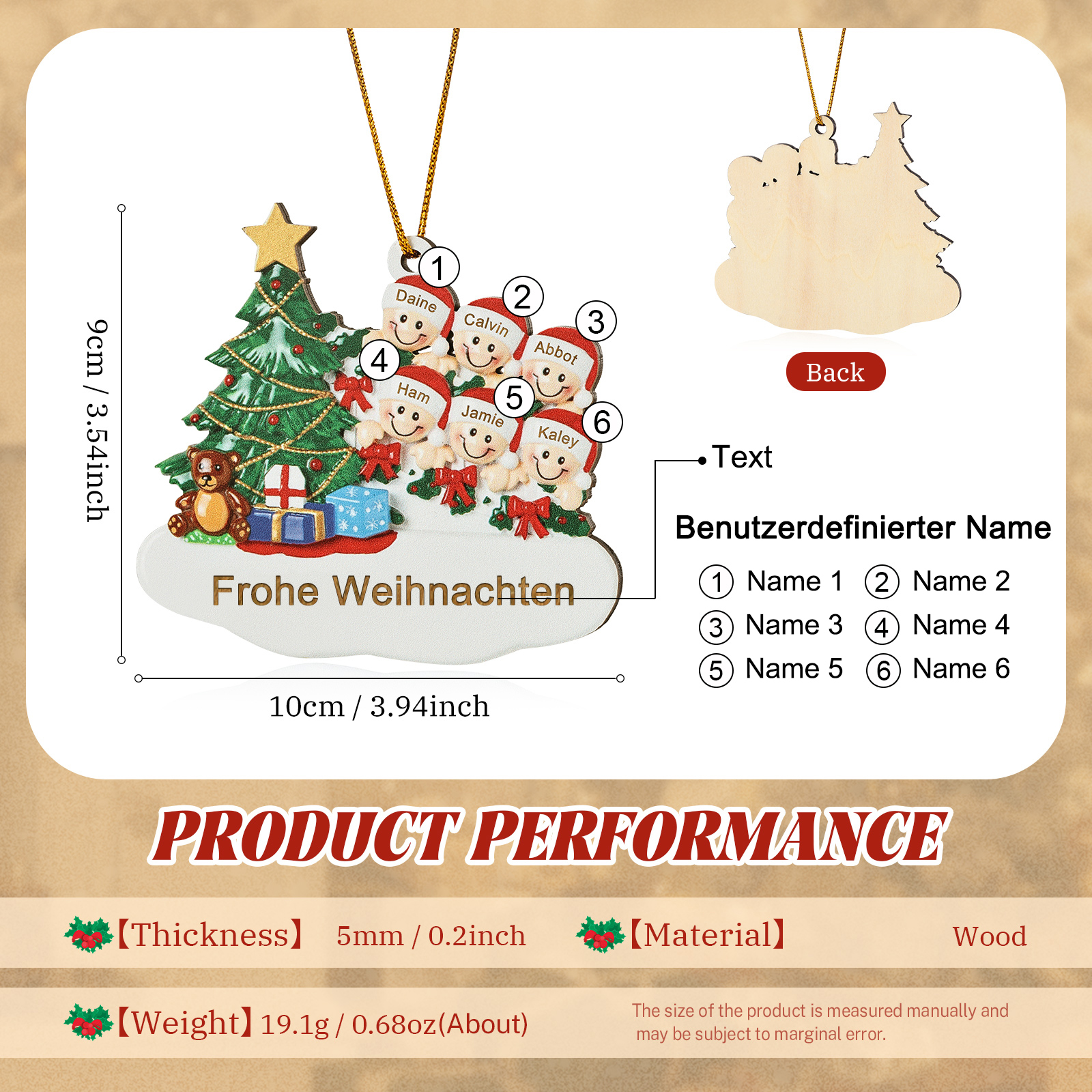 Holz Weihnachtsornament-Personalisierte 2-8 Namen & Text Weihnachtsanhänger mit Weihnachtsbaum & Geschenken für Familie