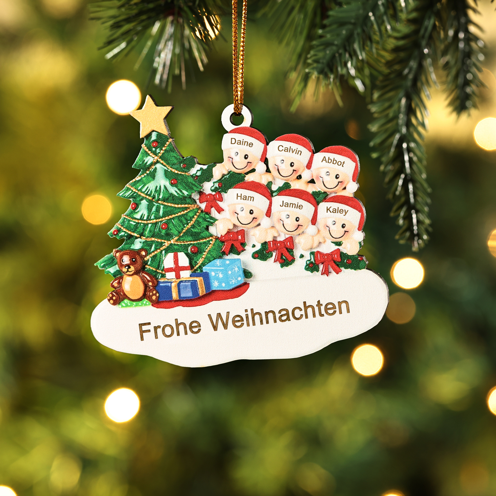 Holz Weihnachtsornament-Personalisierte 2-8 Namen & Text Weihnachtsanhänger mit Weihnachtsbaum & Geschenken für Familie