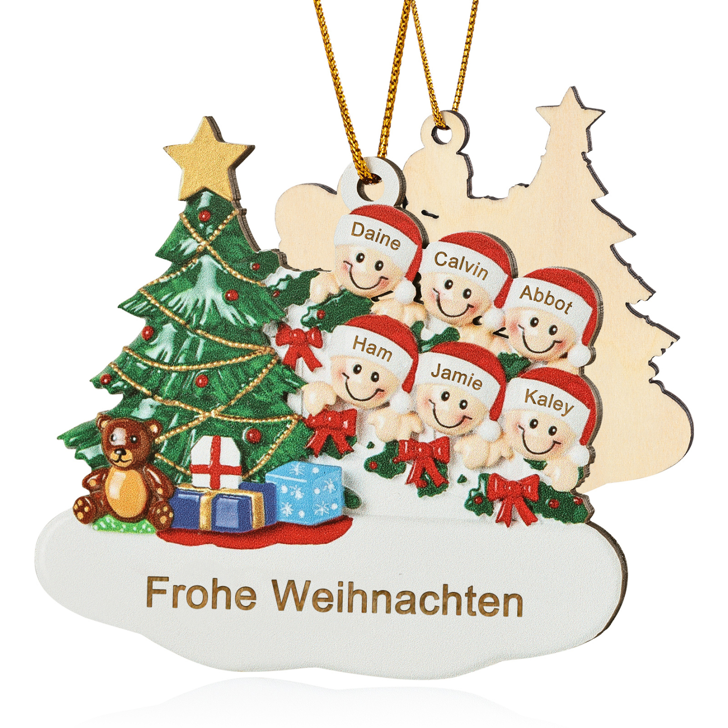 Holz Weihnachtsornament-Personalisierte 2-8 Namen & Text Weihnachtsanhänger mit Weihnachtsbaum & Geschenken für Familie
