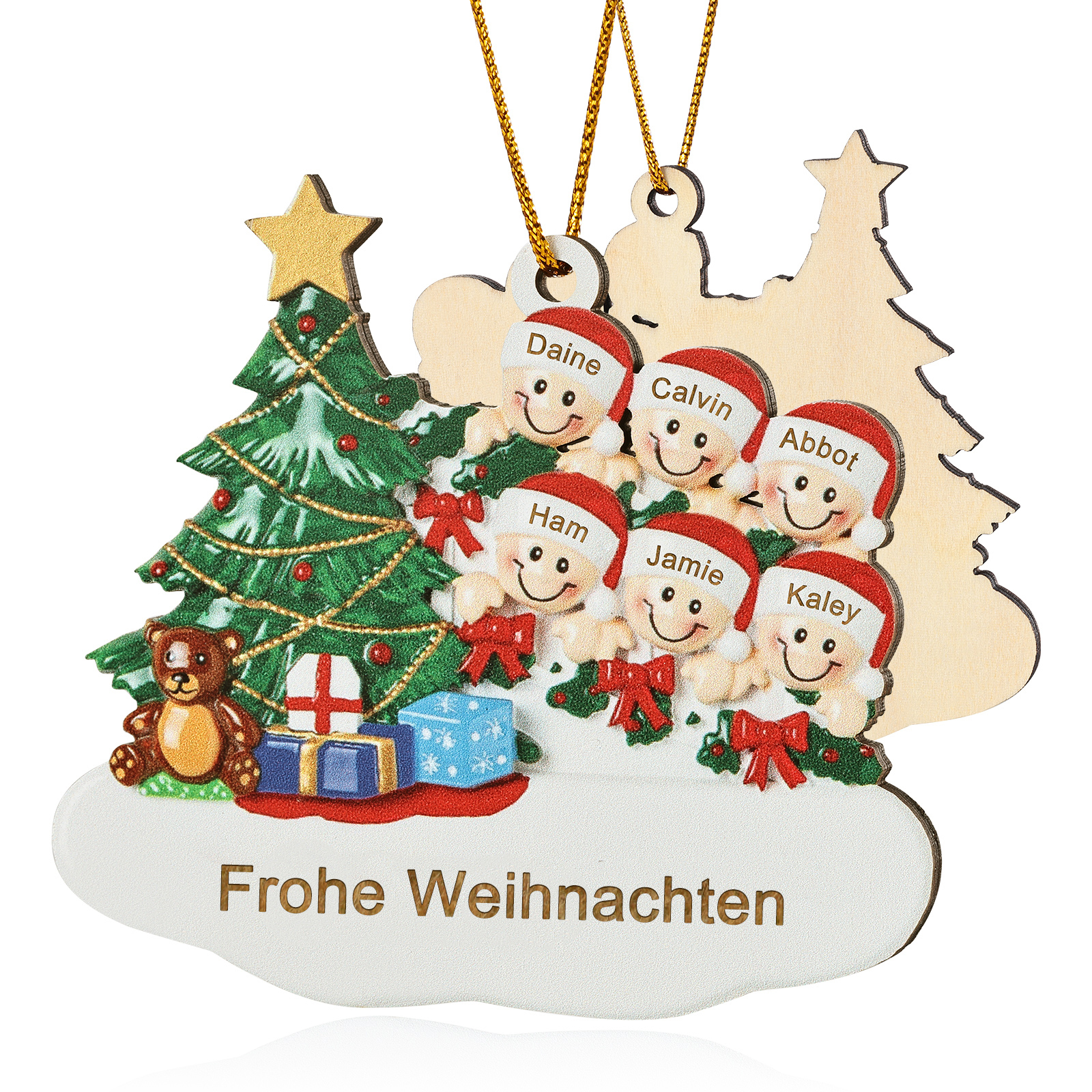 Holz Weihnachtsornament-Personalisierte 2-8 Namen & Text Weihnachtsanhänger mit Weihnachtsbaum & Geschenken für Familie