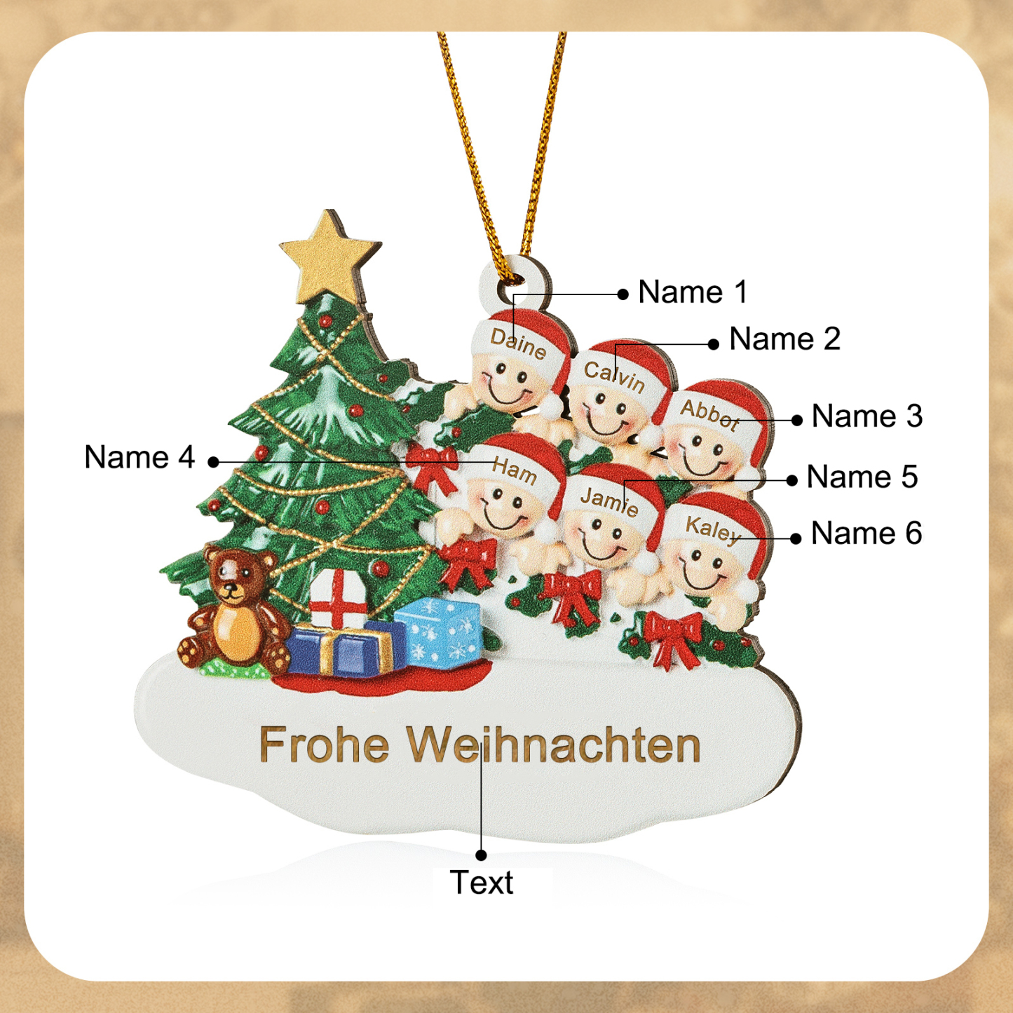 Holz Weihnachtsornament-Personalisierte 2-8 Namen & Text Weihnachtsanhänger mit Weihnachtsbaum & Geschenken für Familie