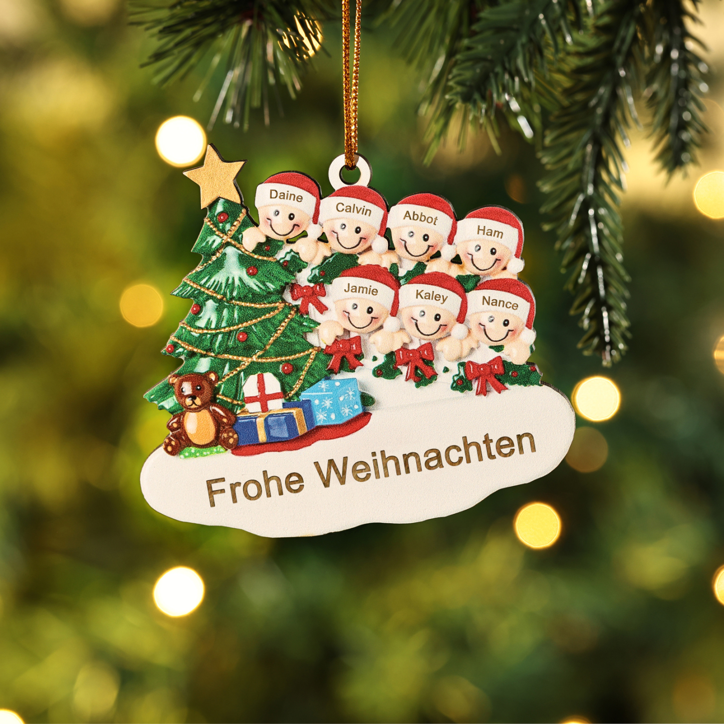 Holz Weihnachtsornament-Personalisierte 2-8 Namen & Text Weihnachtsanhänger mit Weihnachtsbaum & Geschenken für Familie
