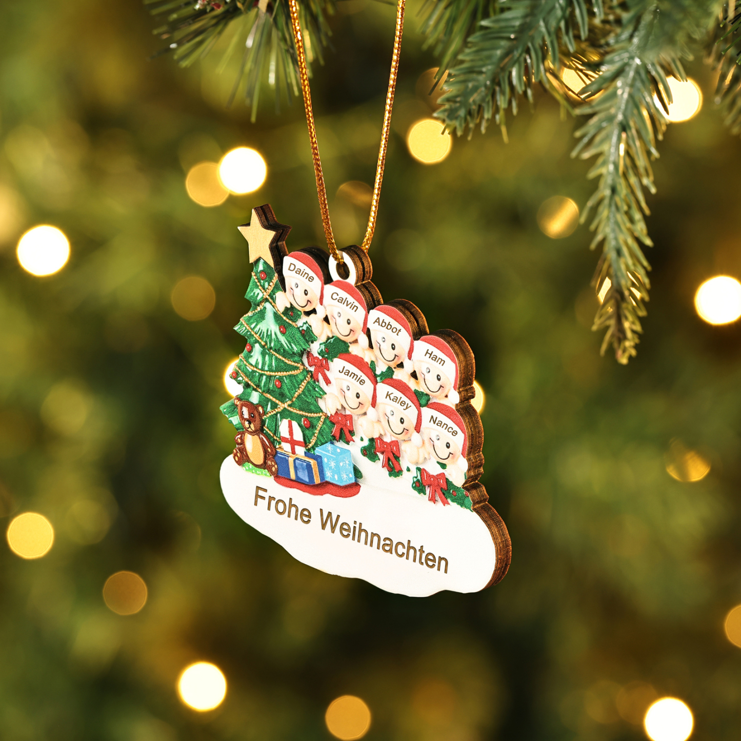 Holz Weihnachtsornament-Personalisierte 2-8 Namen & Text Weihnachtsanhänger mit Weihnachtsbaum & Geschenken für Familie