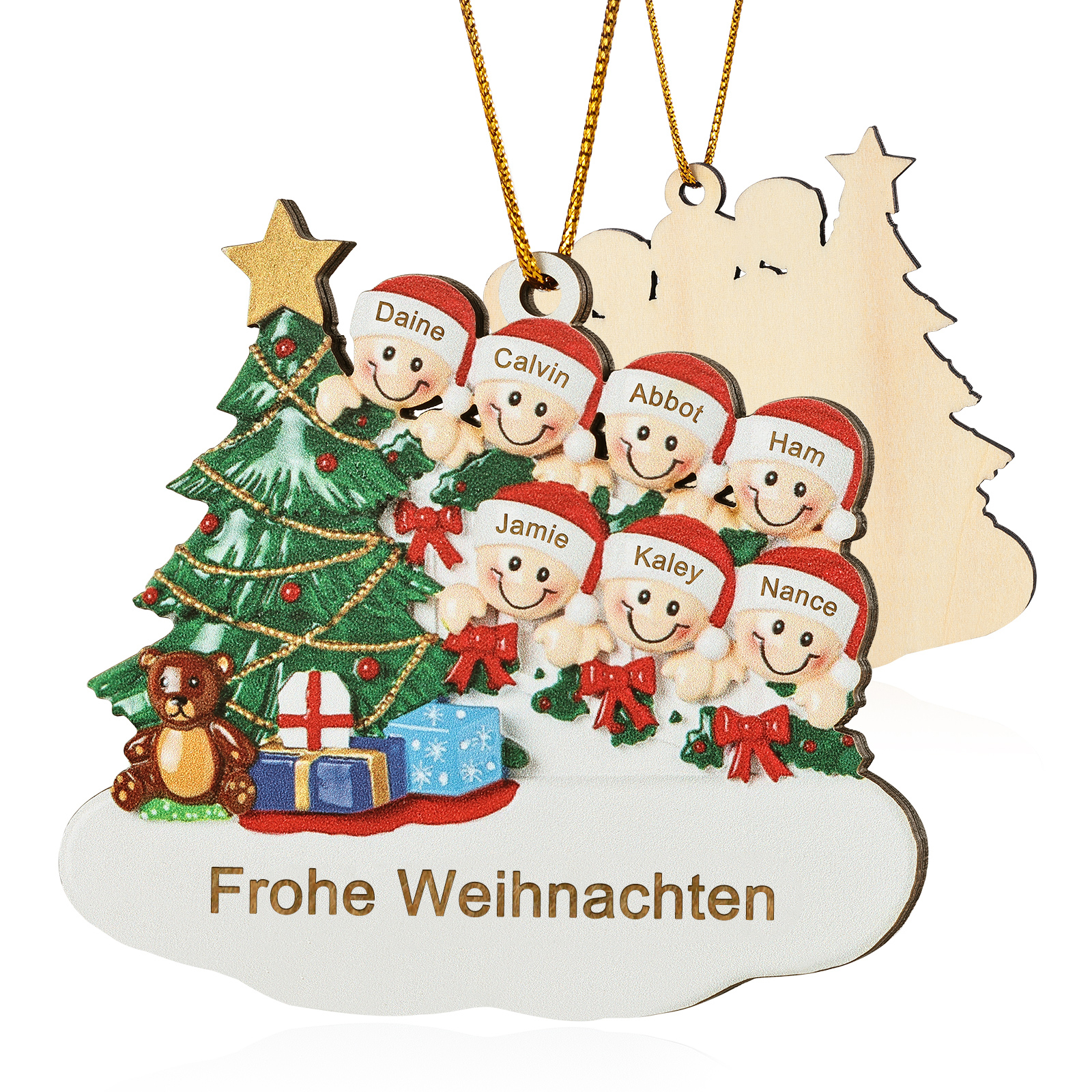 Holz Weihnachtsornament-Personalisierte 2-8 Namen & Text Weihnachtsanhänger mit Weihnachtsbaum & Geschenken für Familie